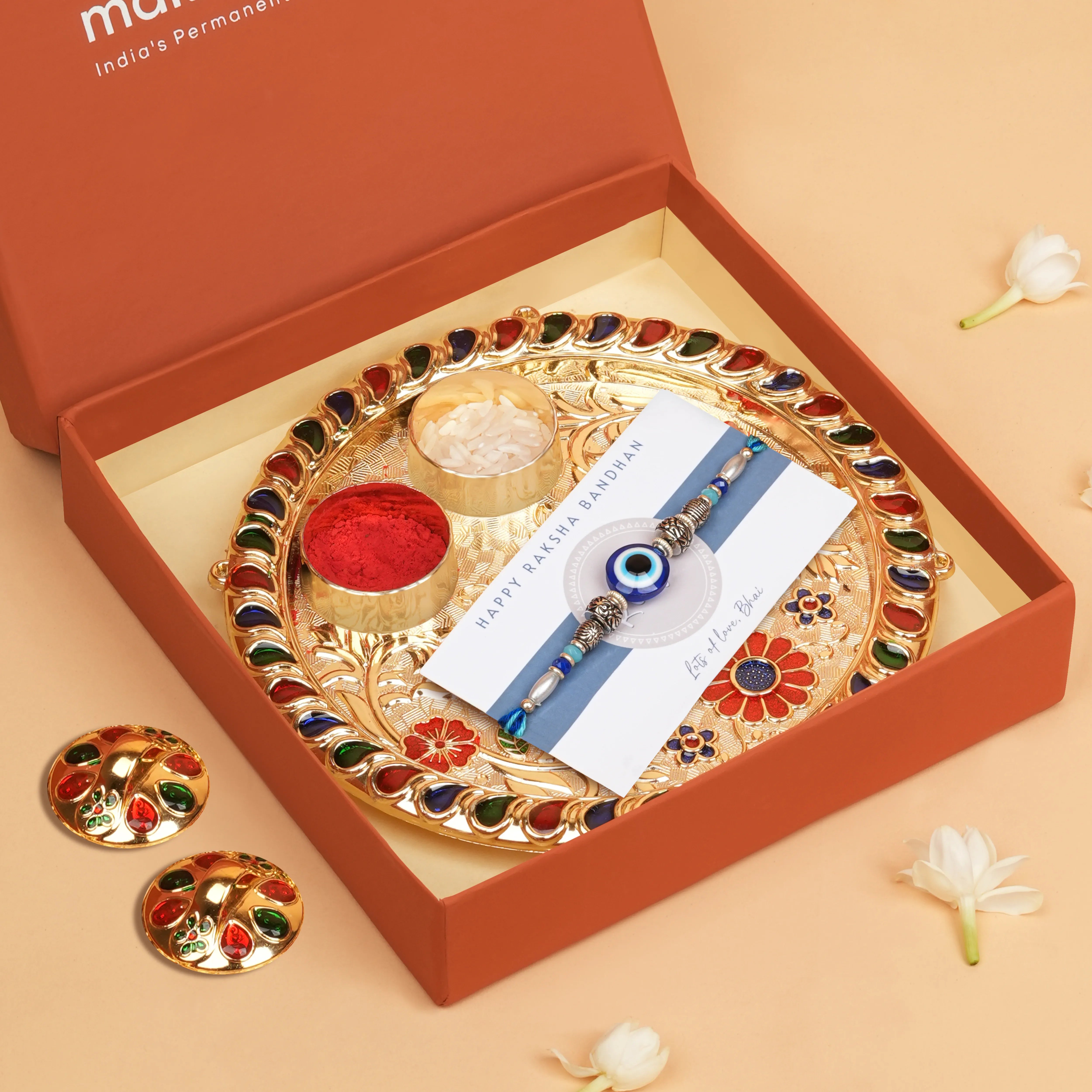 Handcrafted Blue Evil Eye & Metallic Beads Rakhi With Roli Chawal Thali