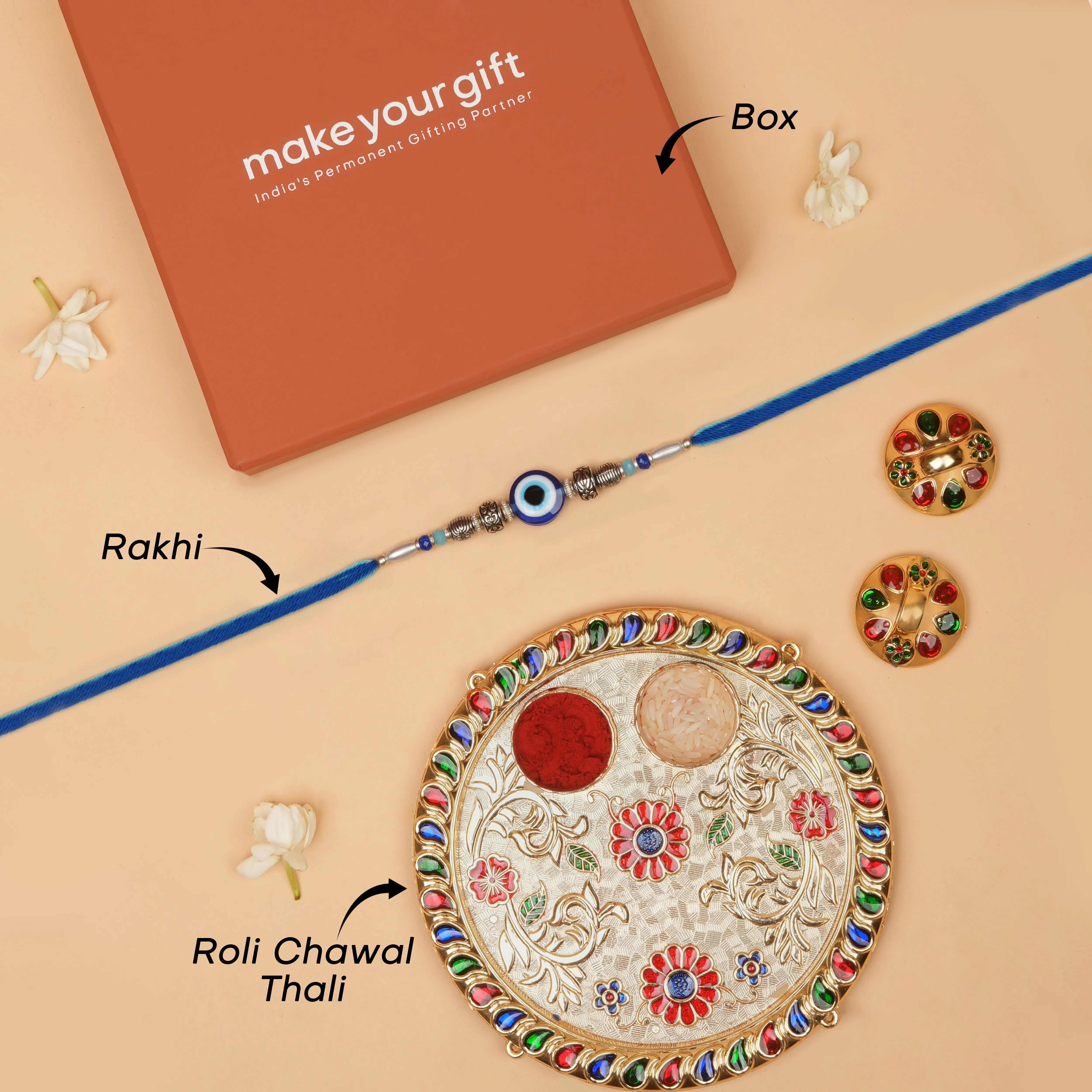Handcrafted Blue Evil Eye & Metallic Beads Rakhi With Roli Chawal Thali