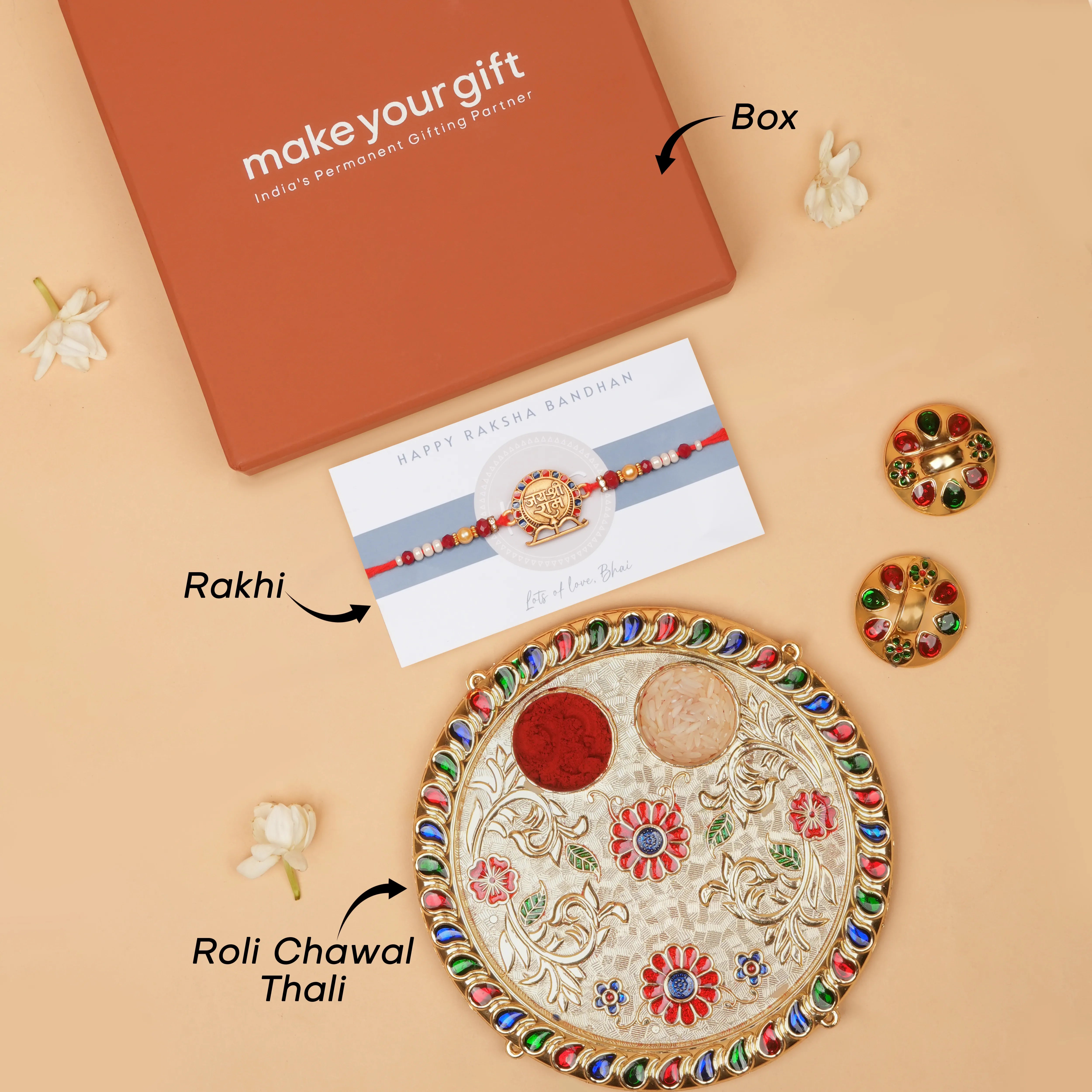 Handcrafted Jai Shri Ram Rakhi With Roli Chawal Thali