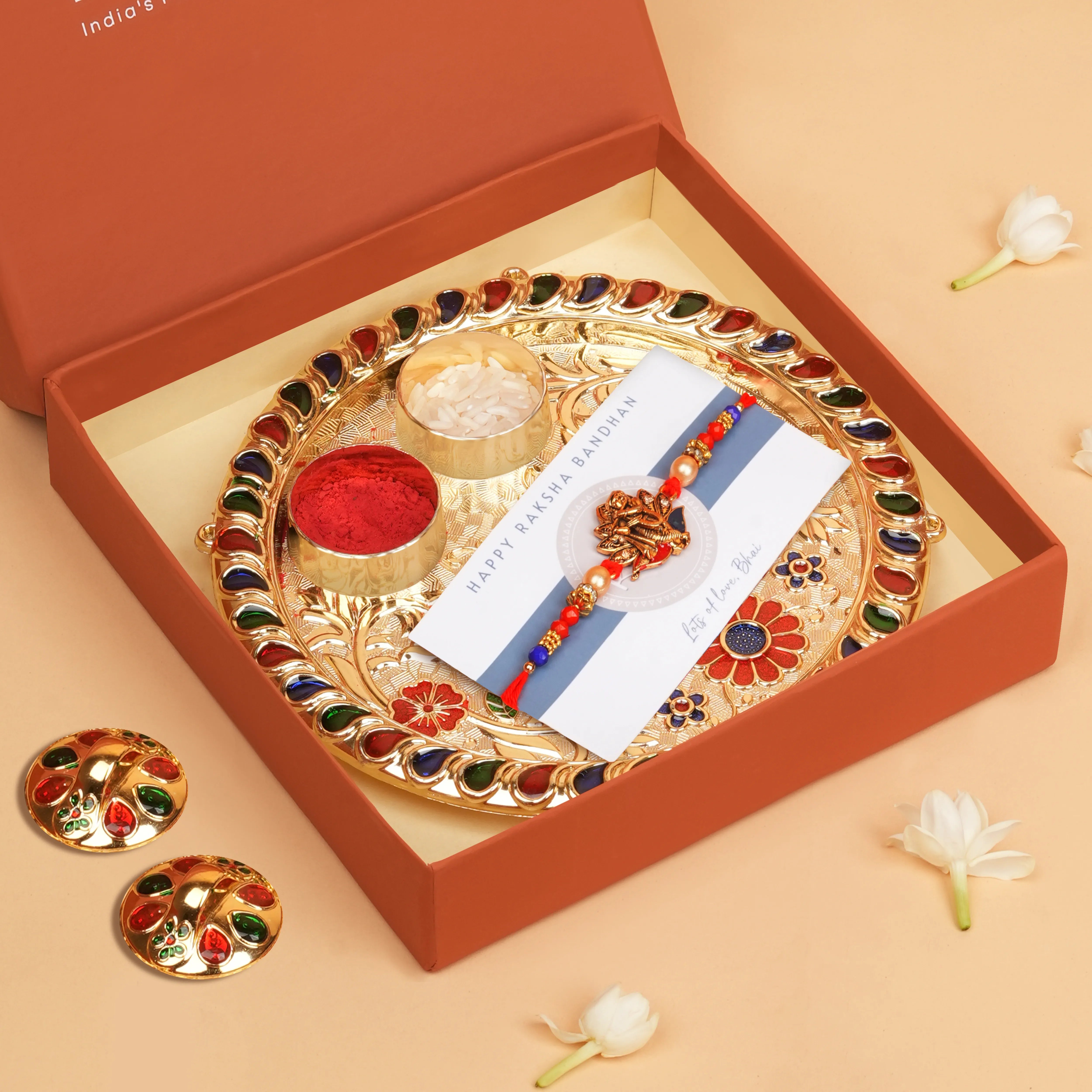 Handcrafted Shree Krishna Divine Beads Rakhi With Roli Chawal Thali