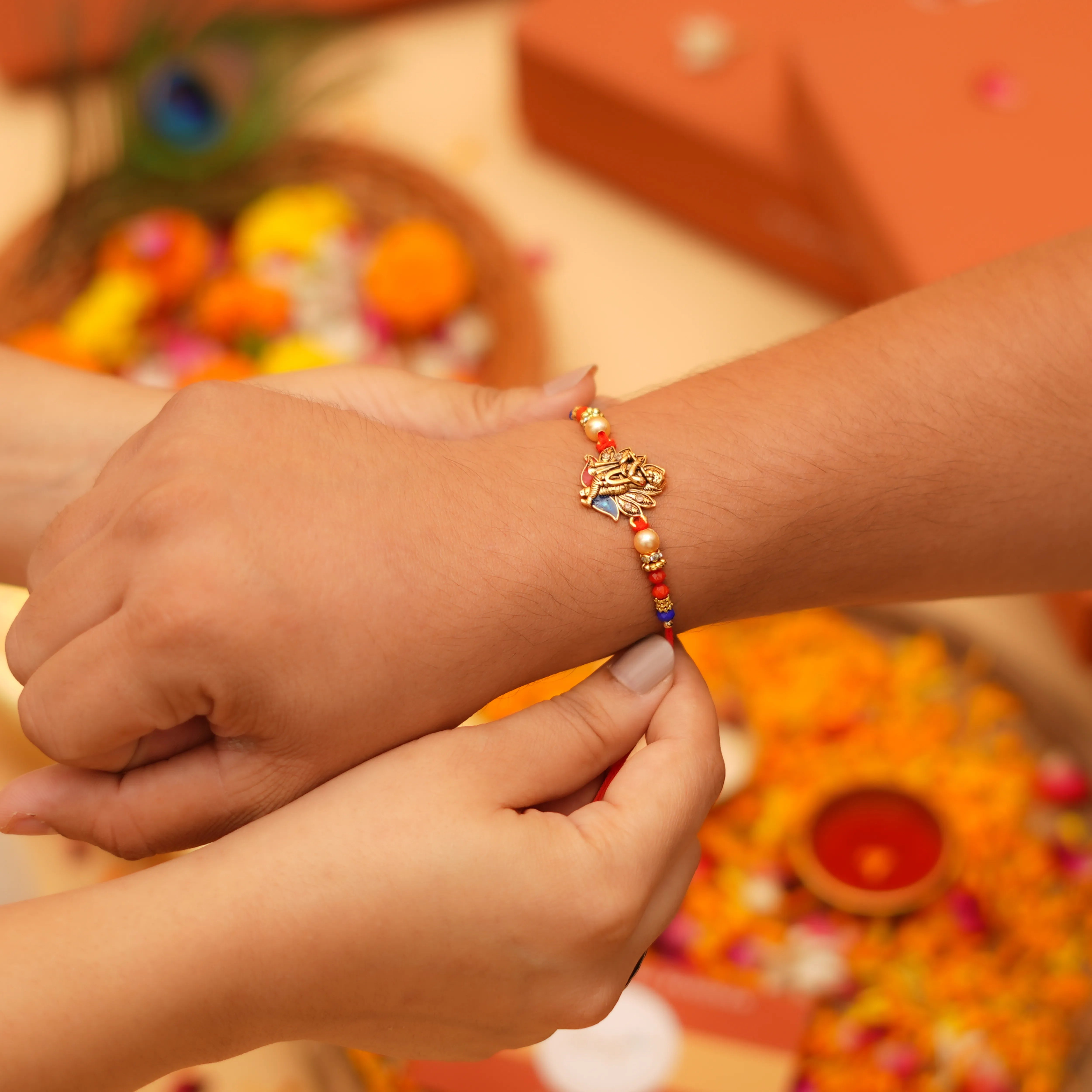 Handcrafted Shree Krishna Divine Beads Rakhi With Roli Chawal Thali