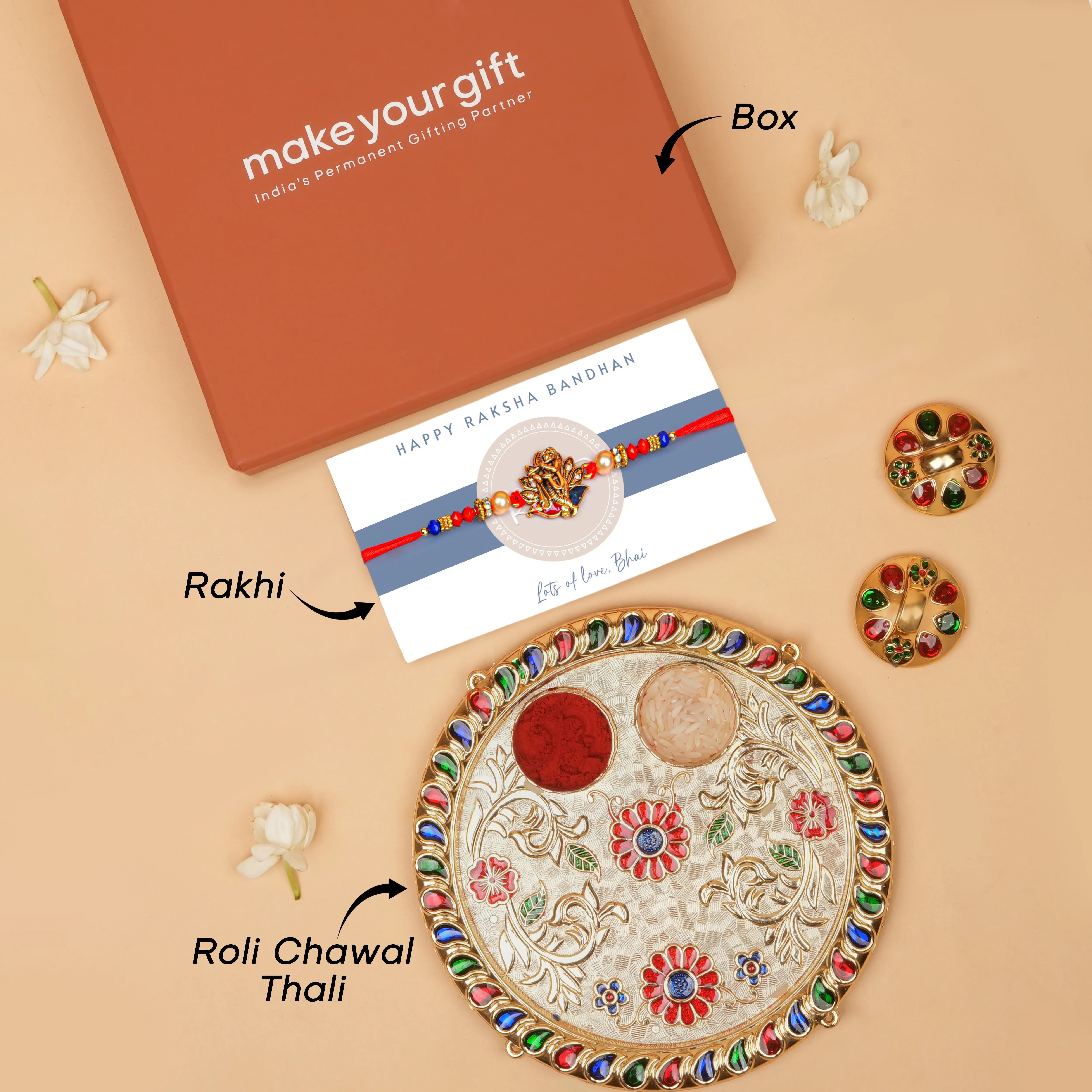Handcrafted Shree Krishna Divine Beads Rakhi With Roli Chawal Thali