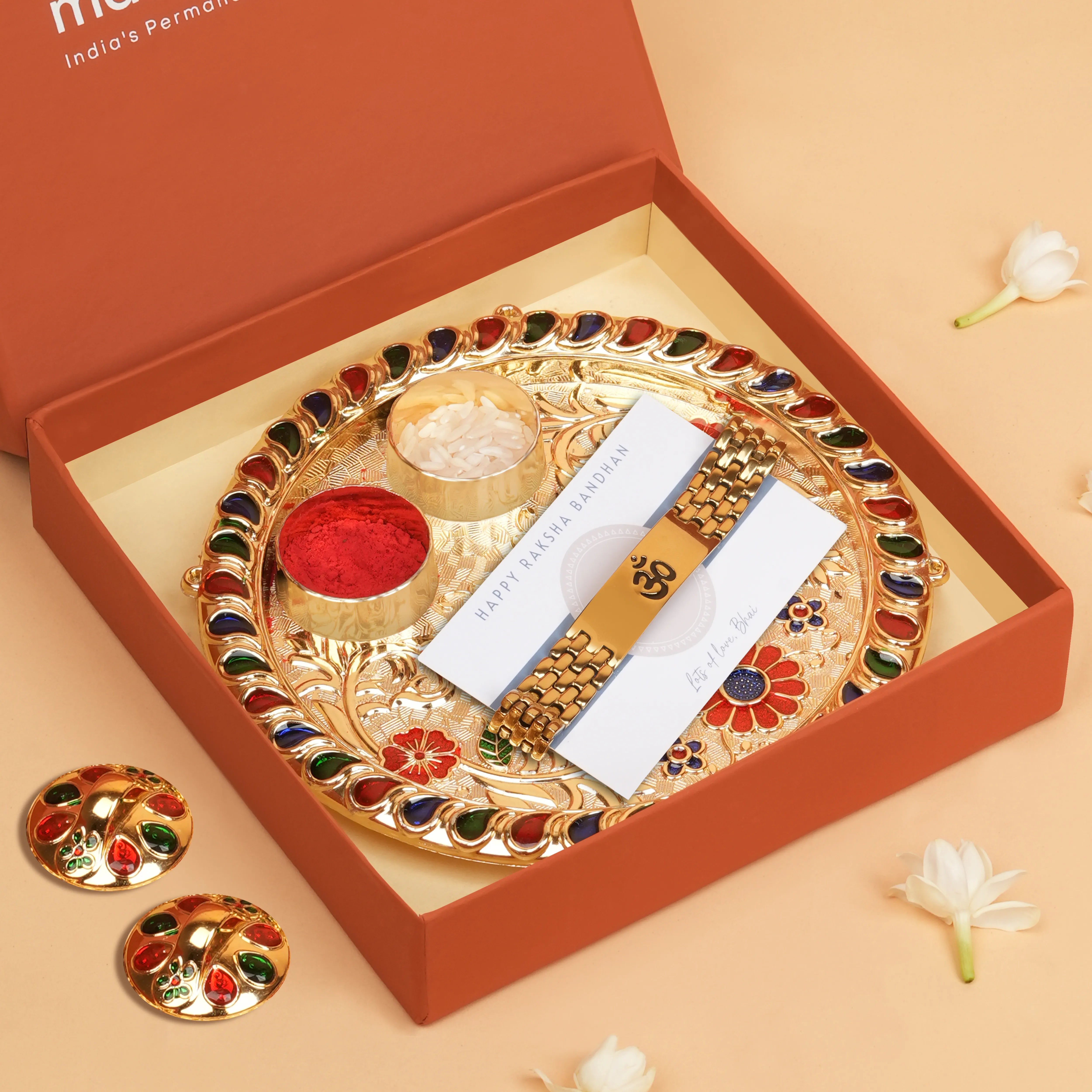 Om Engraved Bracelet Style Rakhi With Roli Chawal Thali