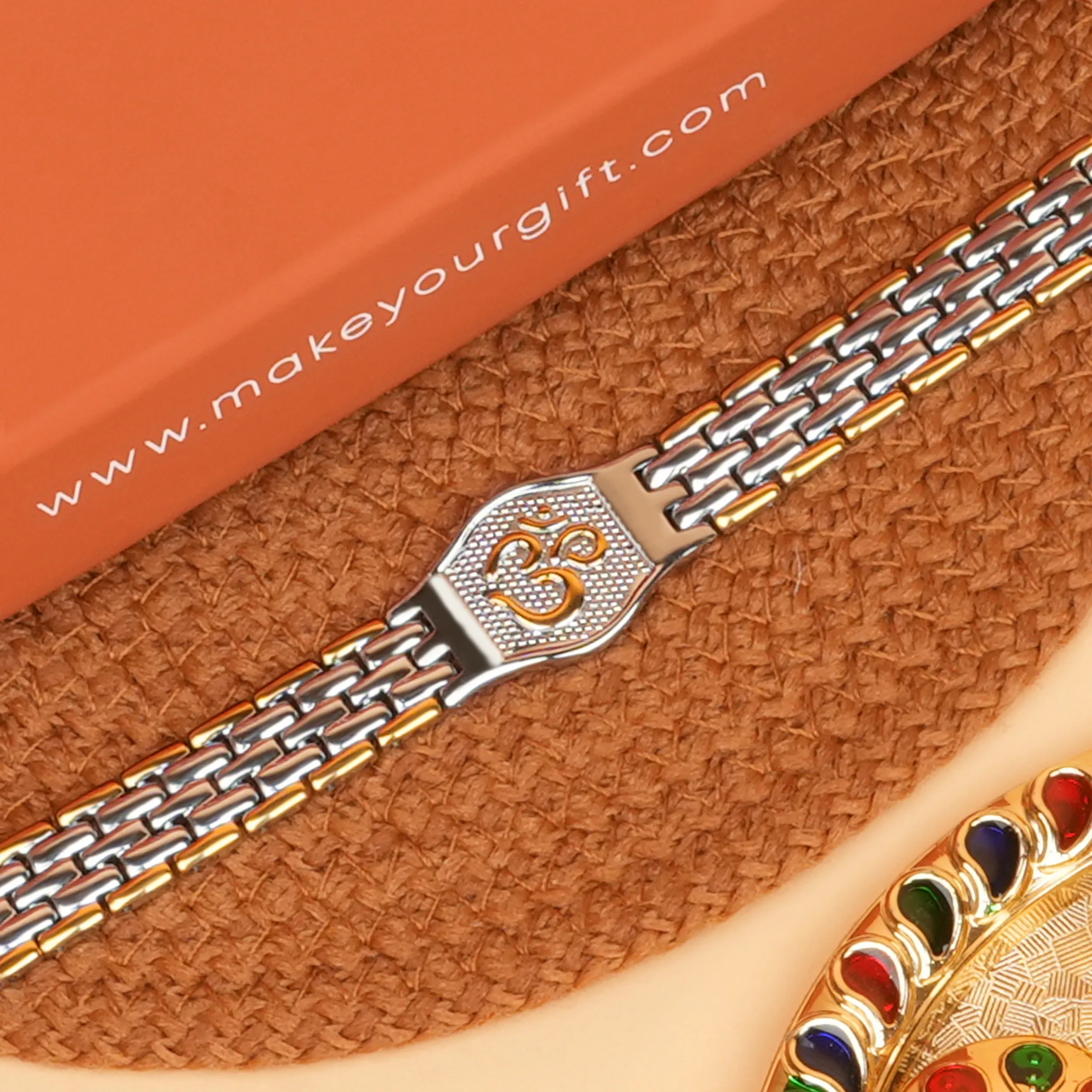 Om Engraved Dual-Color Bracelet Style Rakhi With Roli Chawal Thali