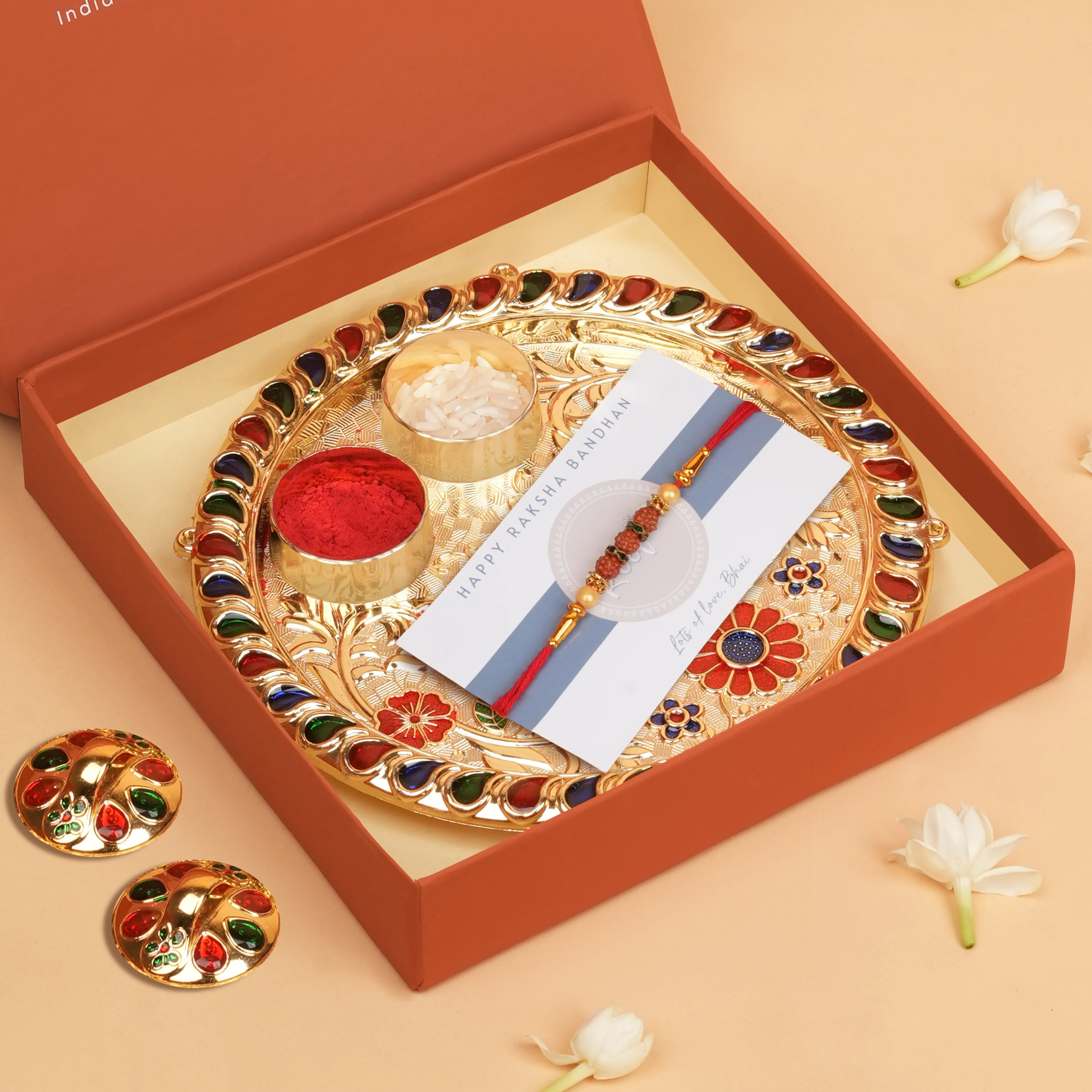 Handcrafted Divya Rudra Bandhan Rakhi With Roli Chawal Thali