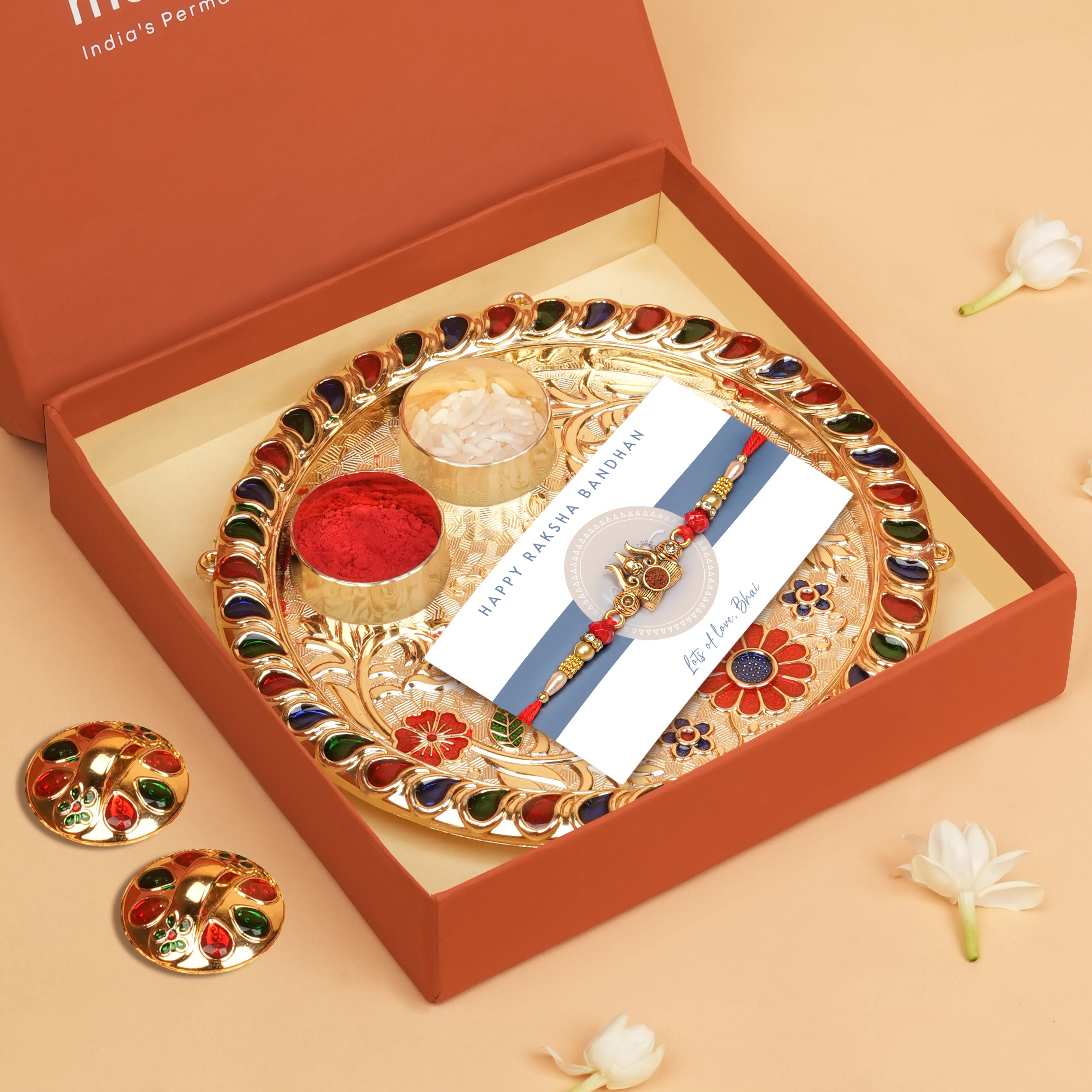 Handcrafted Trishul With Rudraksh Beads Rakhi With Roli Chawal Thali