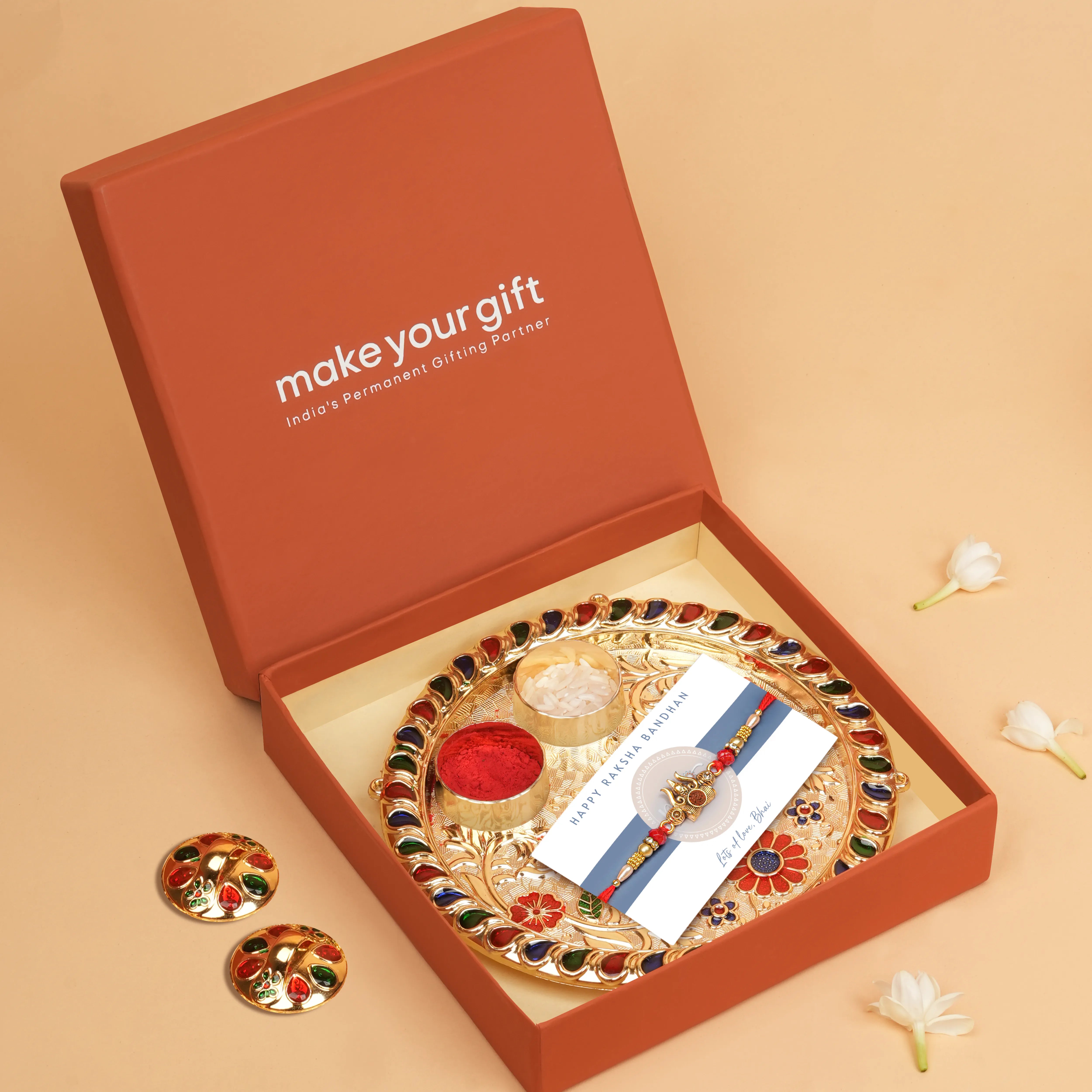 Handcrafted Trishul With Rudraksh Beads Rakhi With Roli Chawal Thali