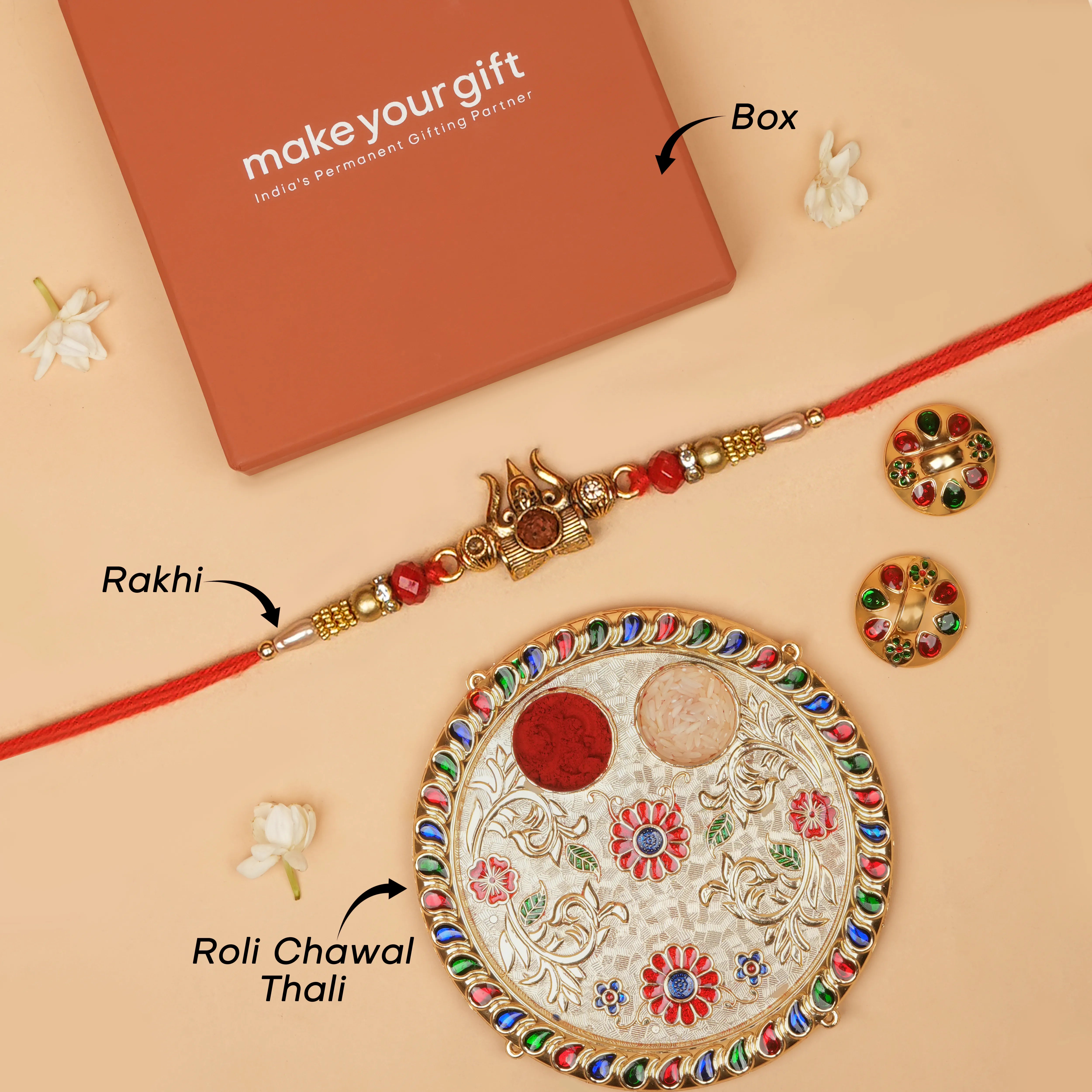 Handcrafted Trishul With Rudraksh Beads Rakhi With Roli Chawal Thali