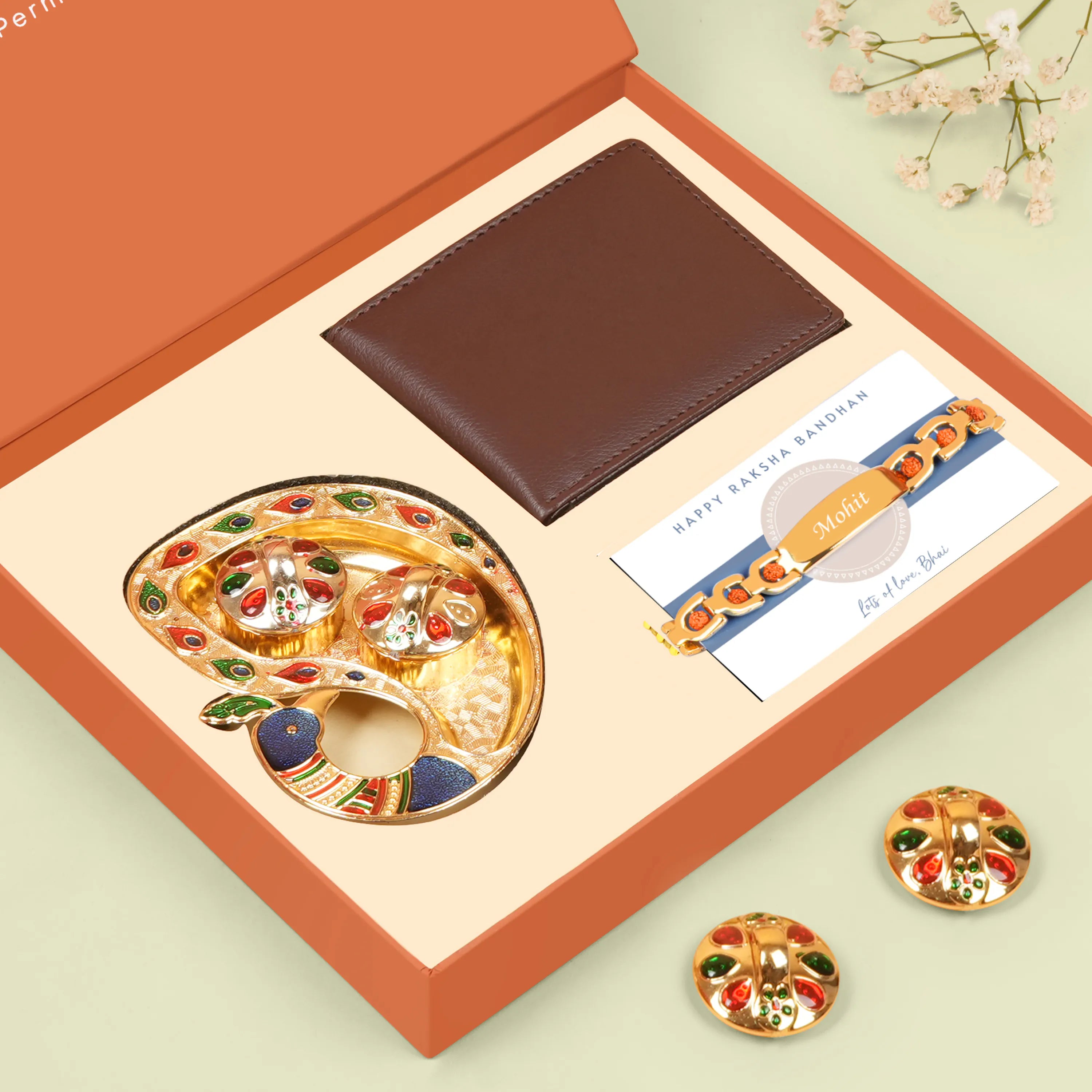 Leather Wallet & Personalized Bracelet Name Rakhi Hamper
