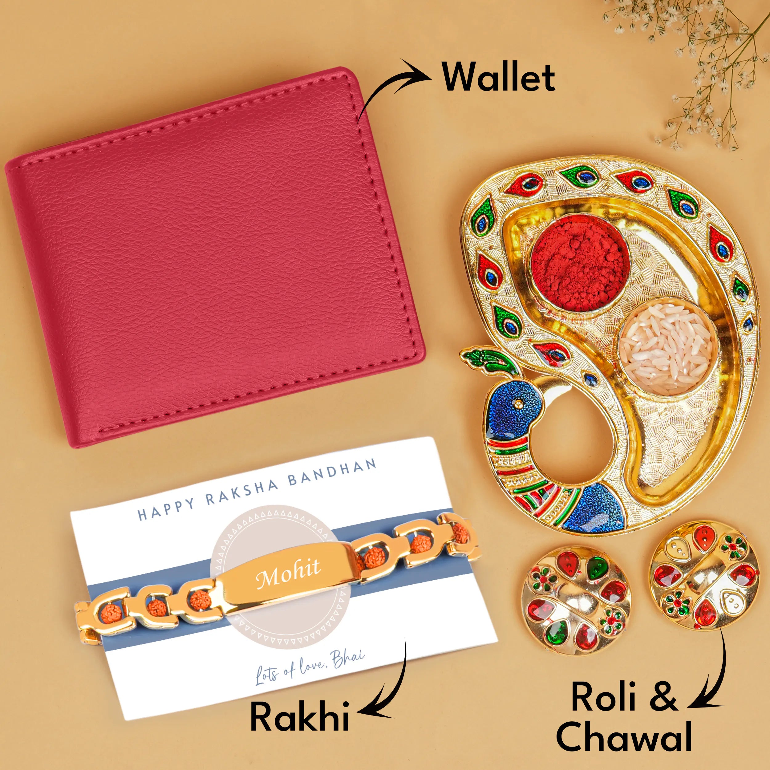Leather Wallet & Personalized Bracelet Name Rakhi Hamper