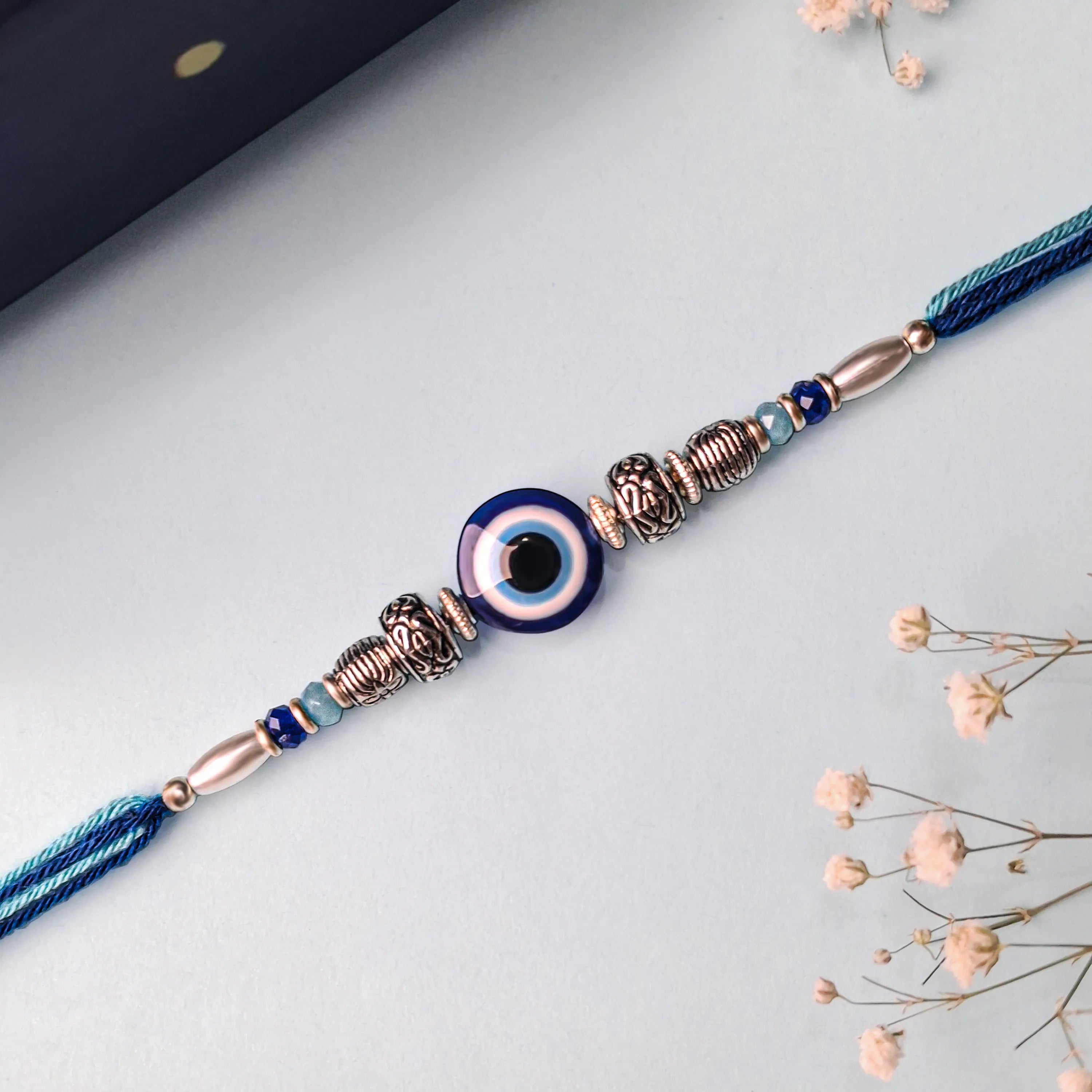 Handcrafted Blue Evil Eye & Oxidized Metal Beads Rakhi