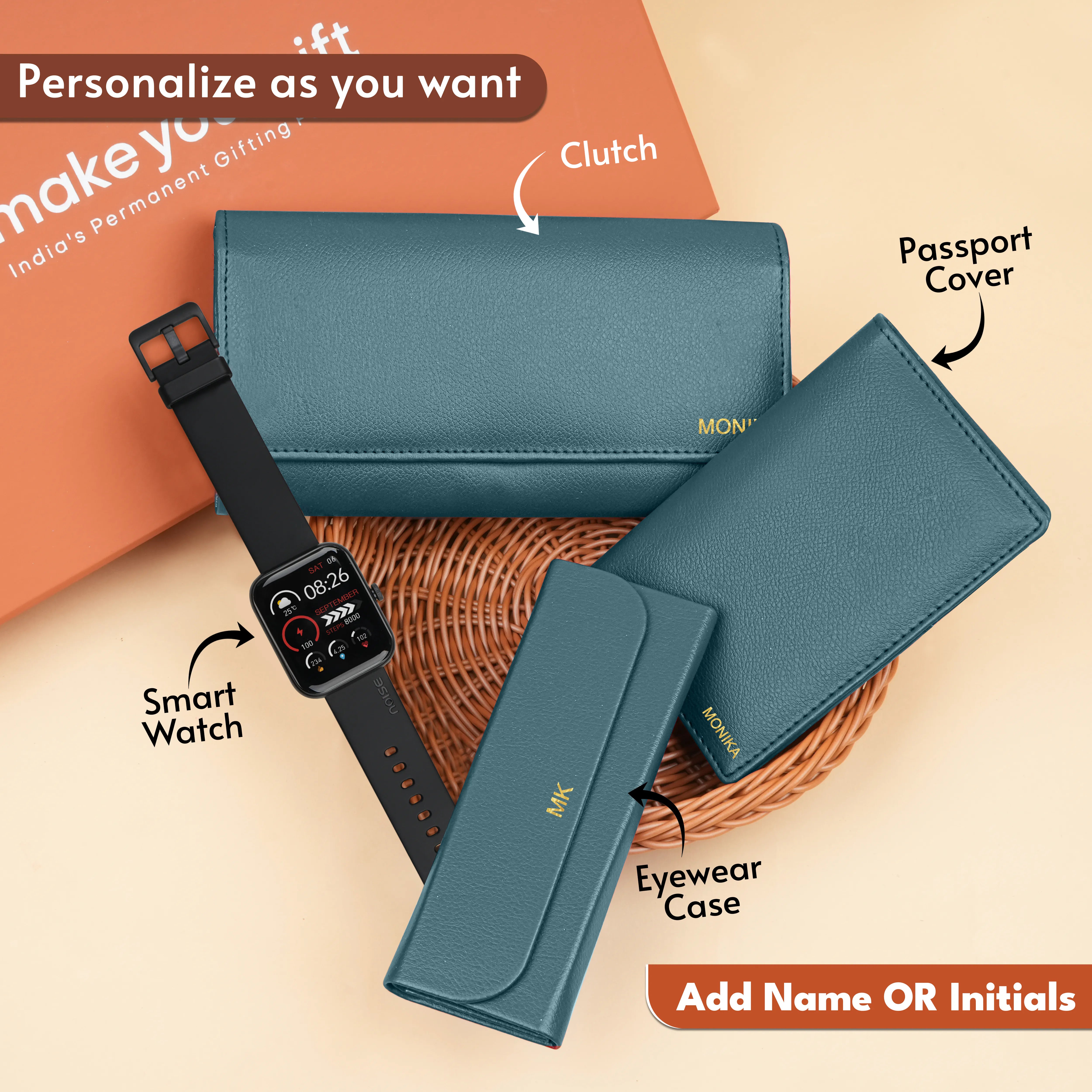 Personalized Clutch, Passport Cover, Eyewear Case & Watch Gift Hamper