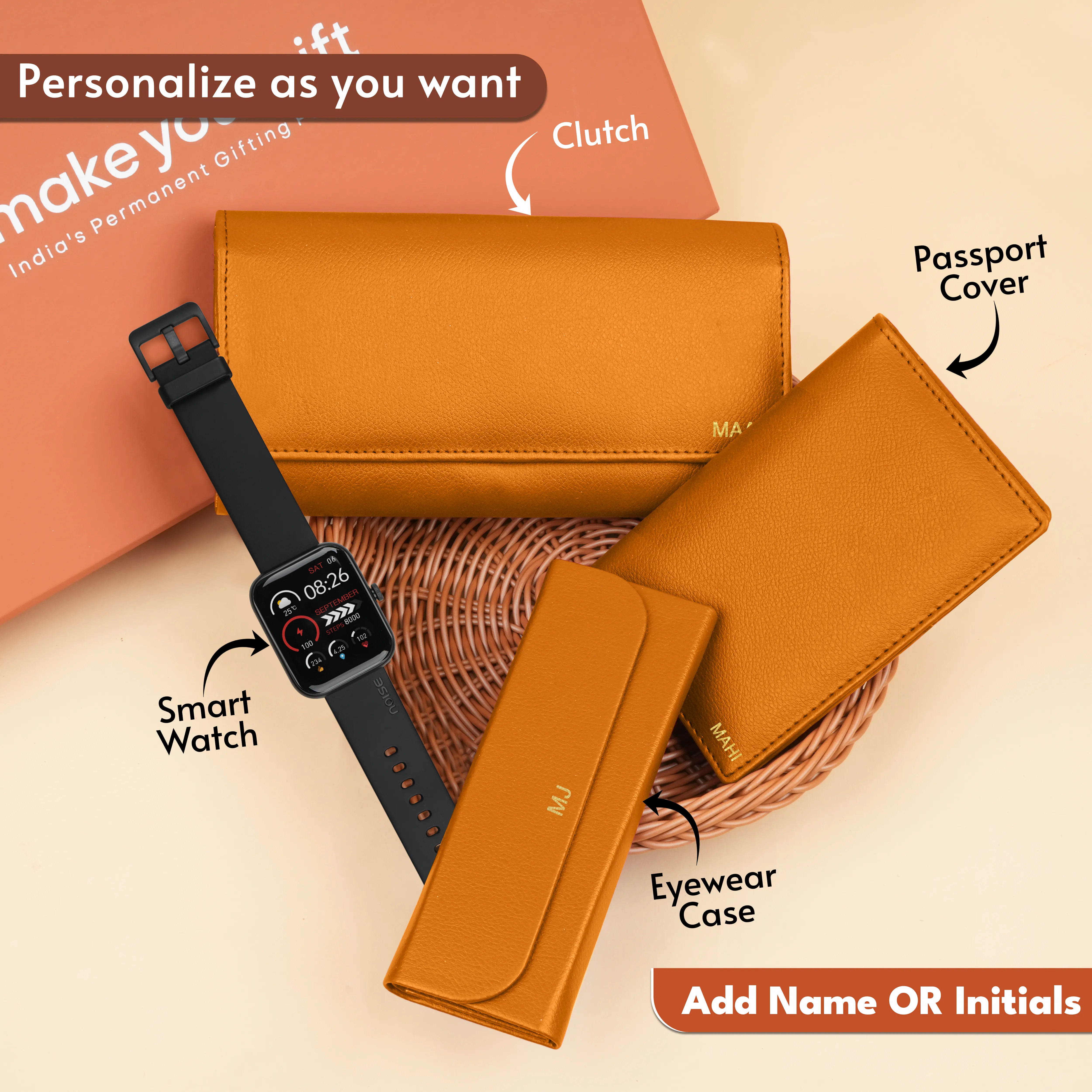 Personalized Clutch, Passport Cover, Eyewear Case & Watch Gift Hamper