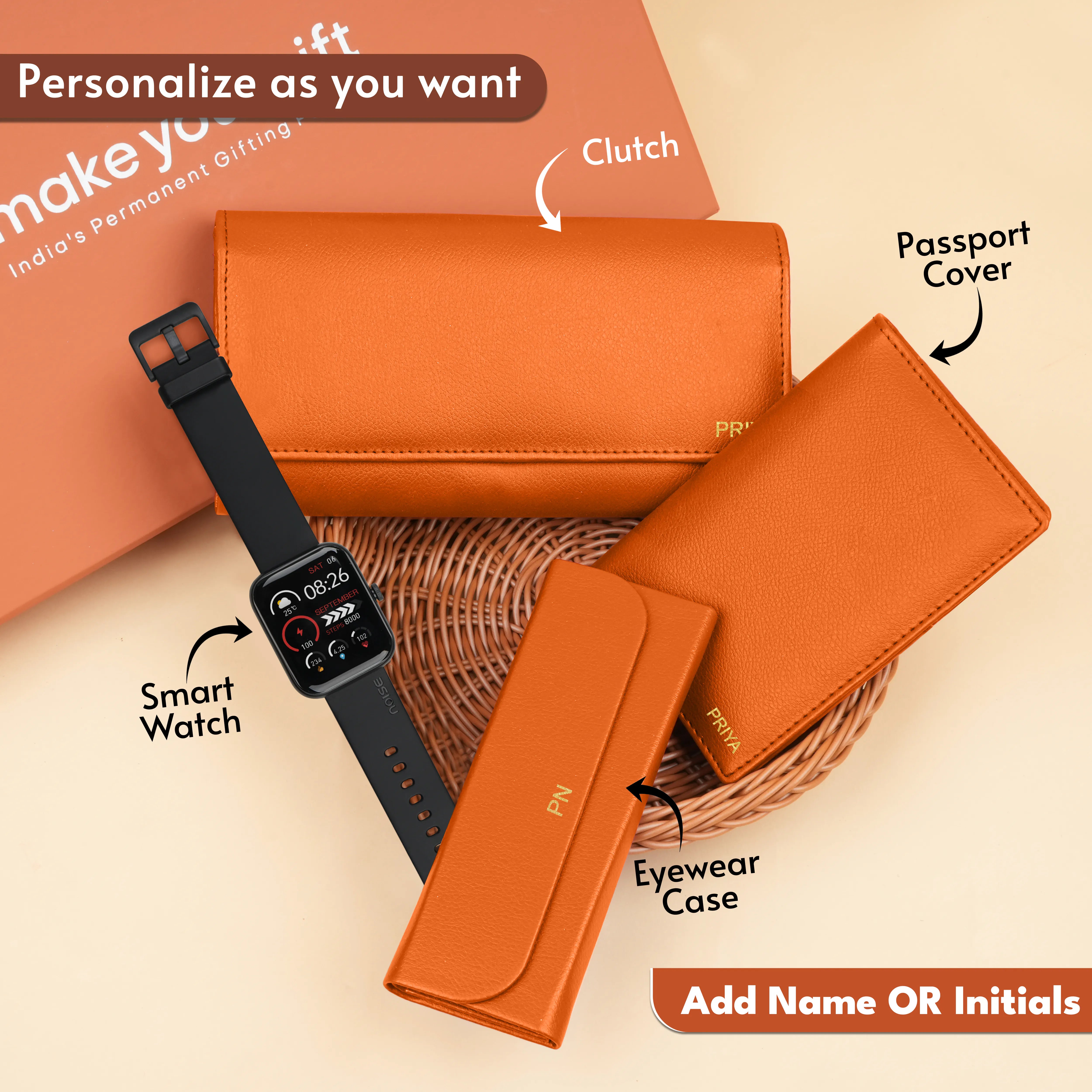 Personalized Clutch, Passport Cover, Eyewear Case & Watch Gift Hamper
