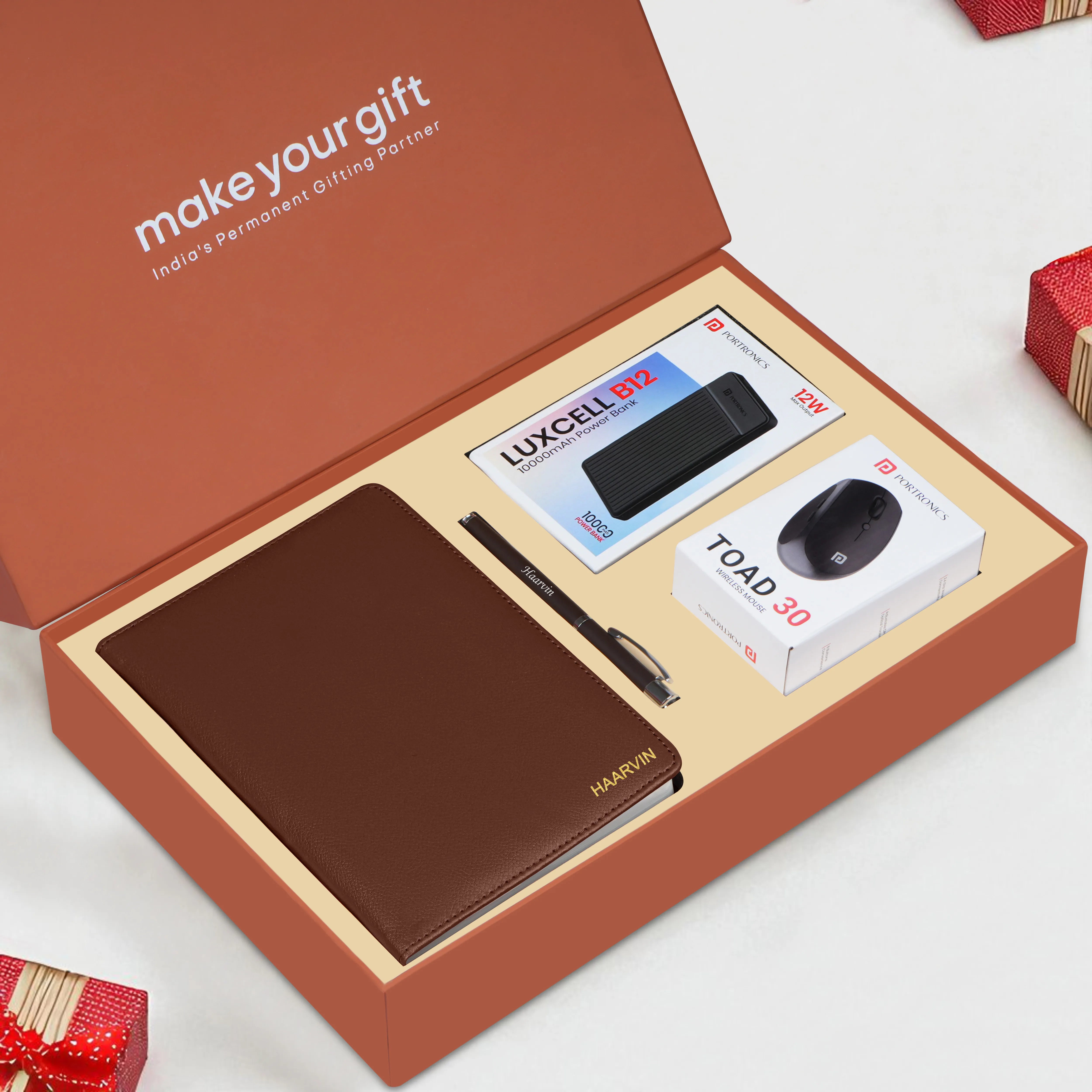 Personalized Diary, Pen, Power Bank & Mouse Gift Hamper