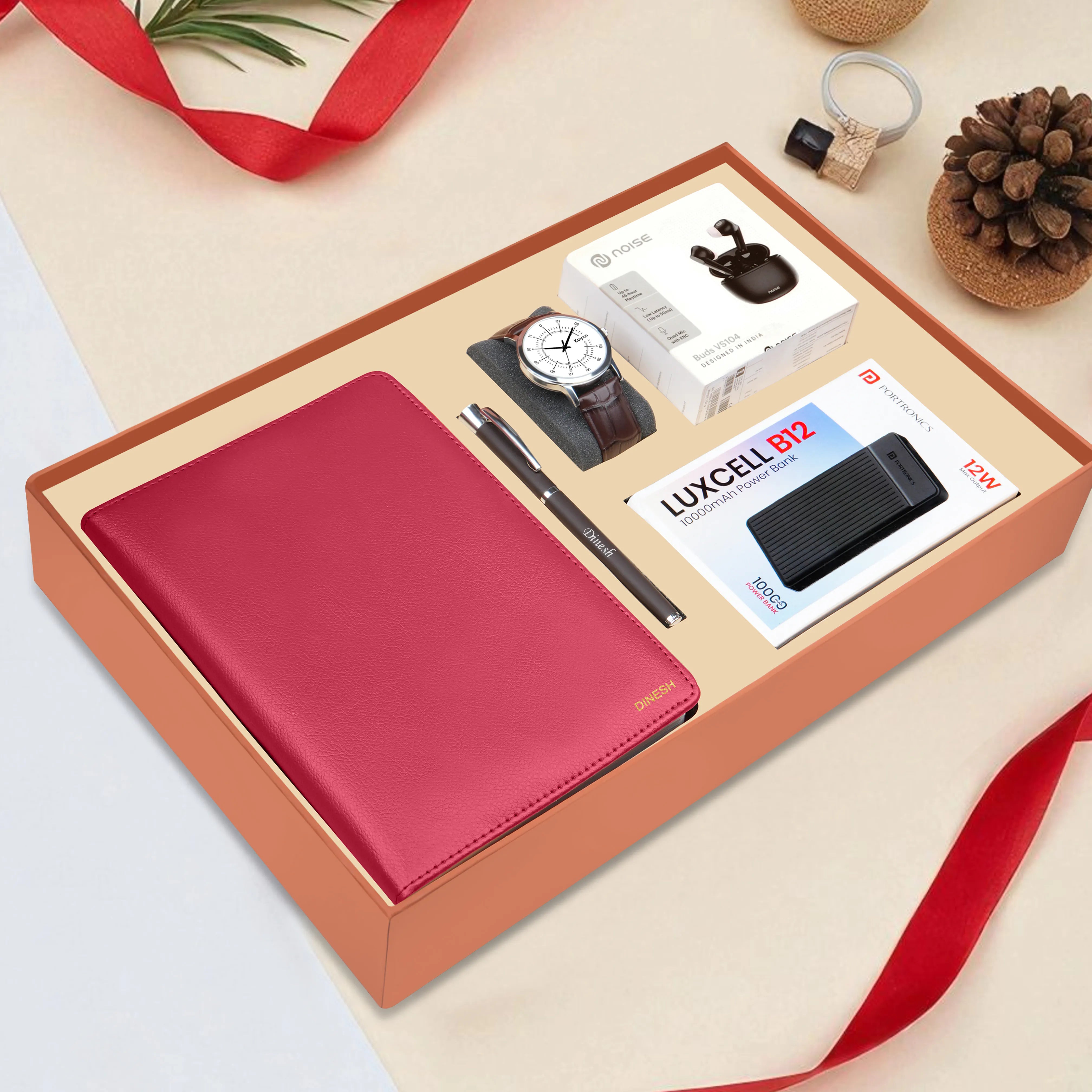Personalized Diary Pen Power Bank Earbuds & Watch Gift Hamper