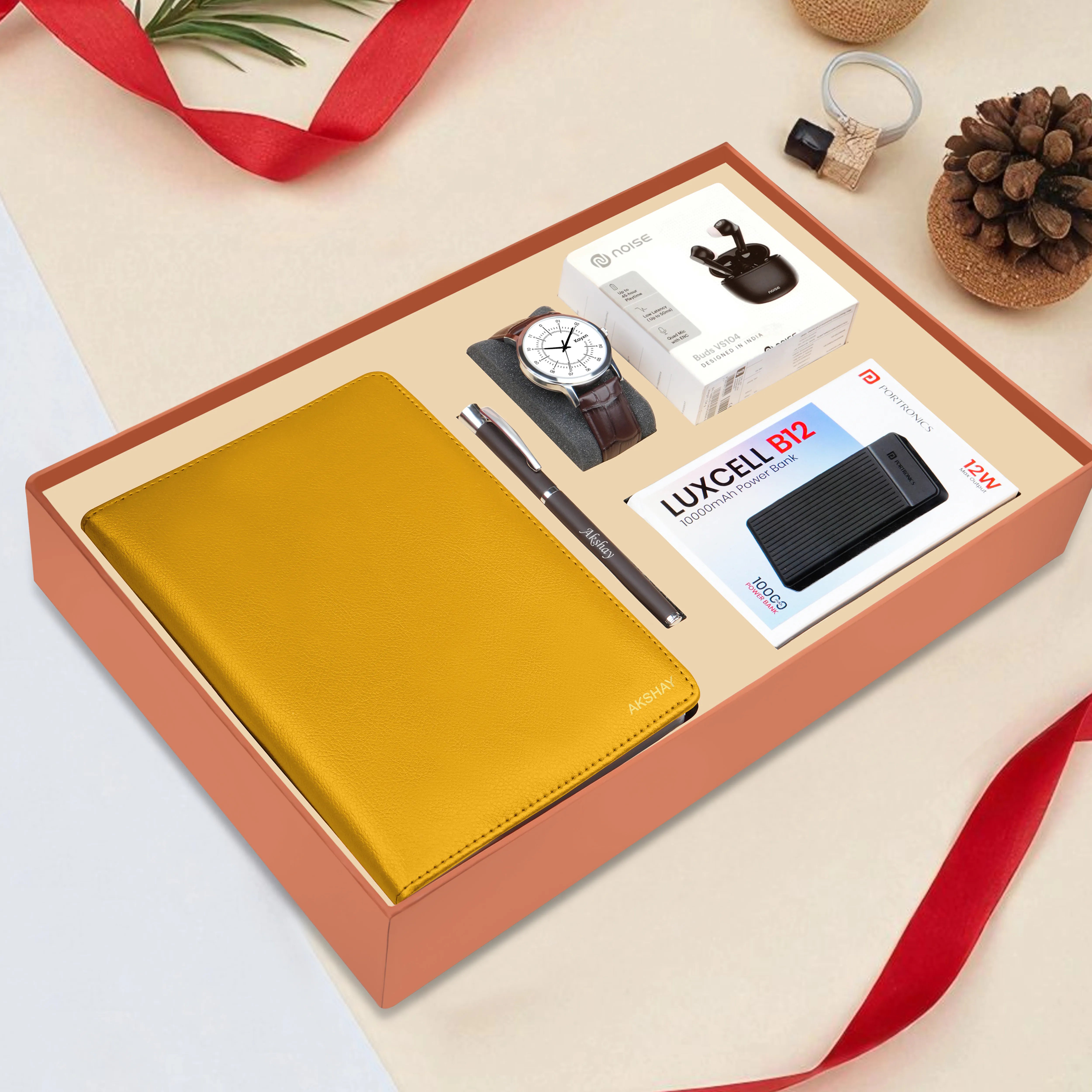 Personalized Diary Pen Power Bank Earbuds & Watch Gift Hamper