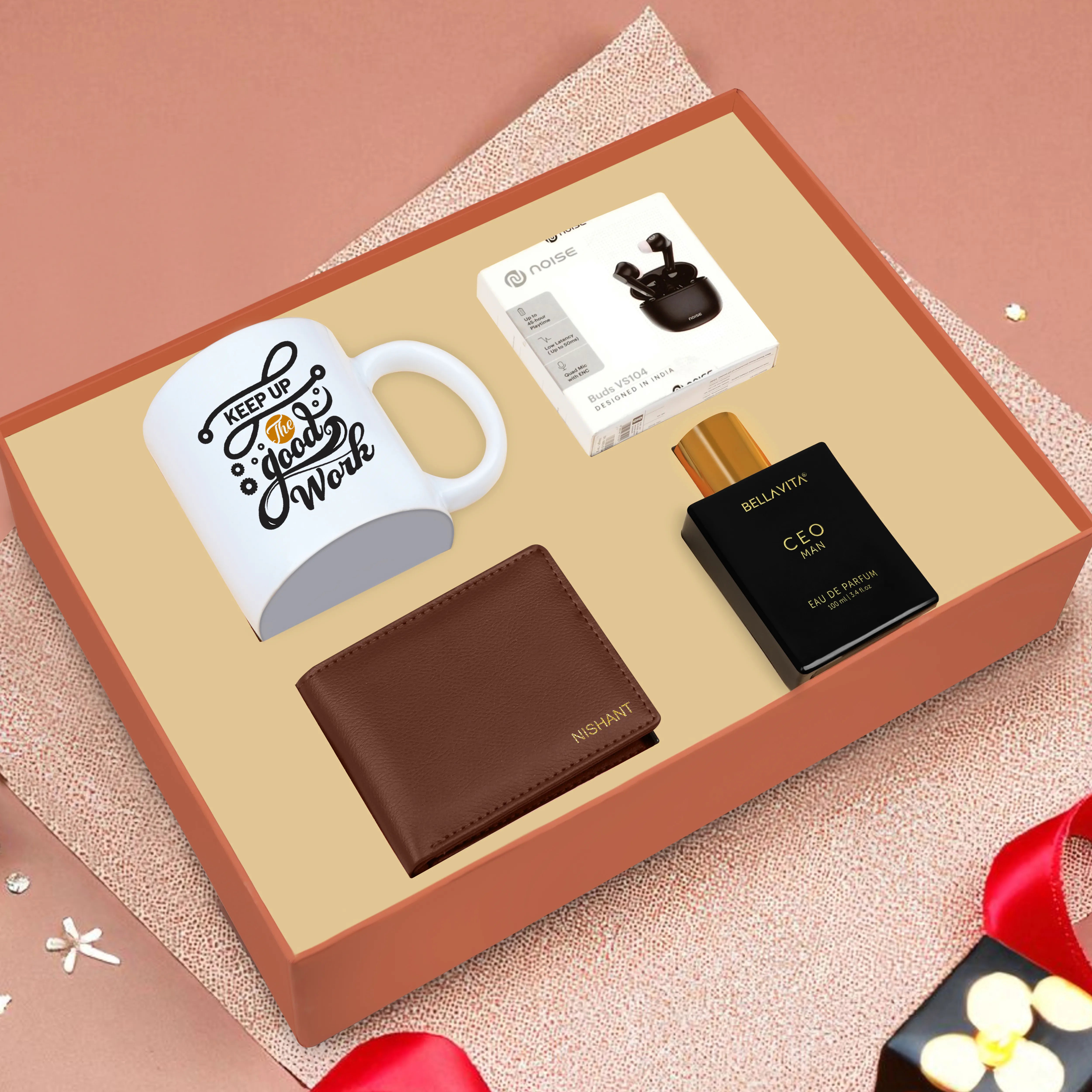 Personalized Wallet Perfume Earbuds & Mug Gift Hamper