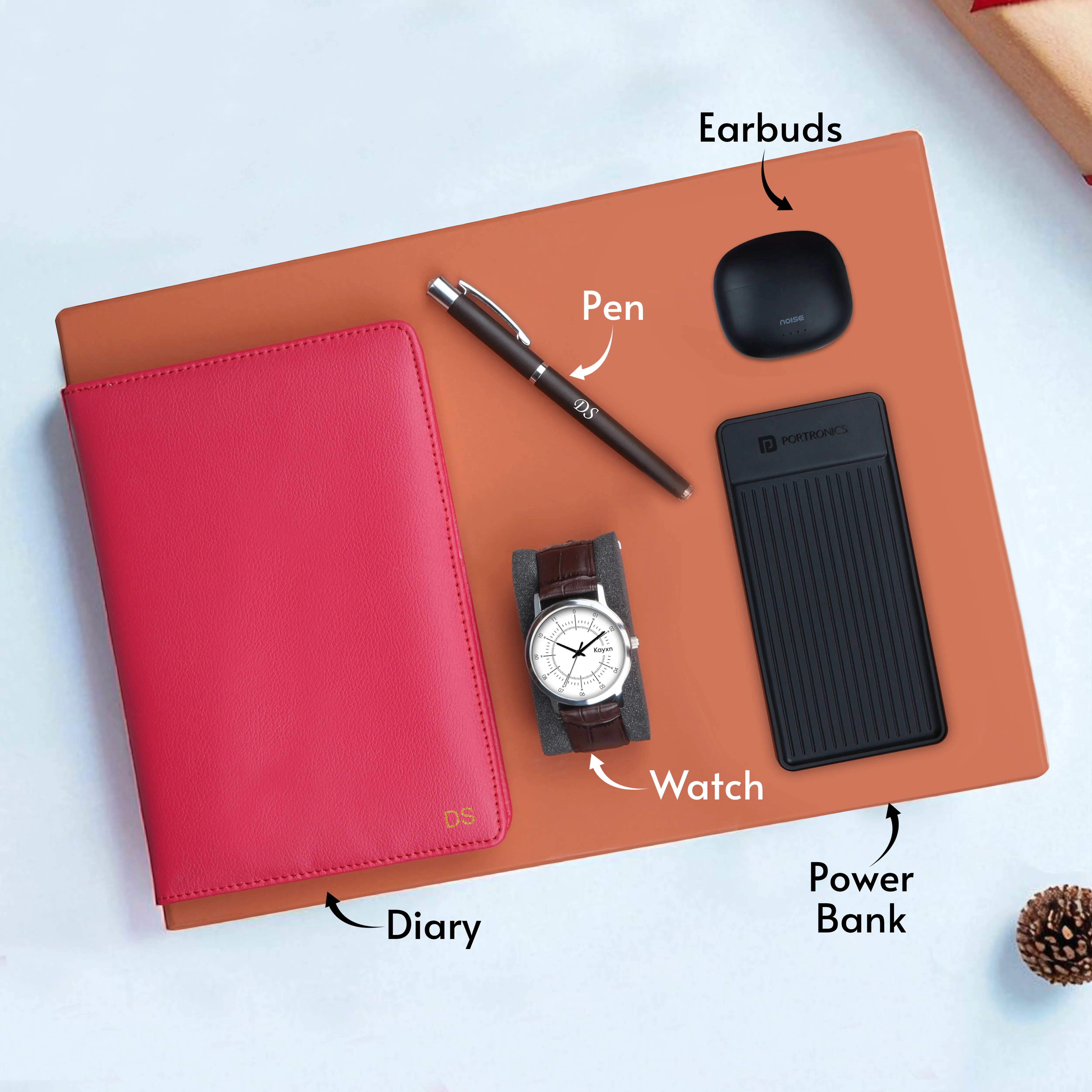 Personalized Diary Pen Power Bank Earbuds & Watch Gift Hamper