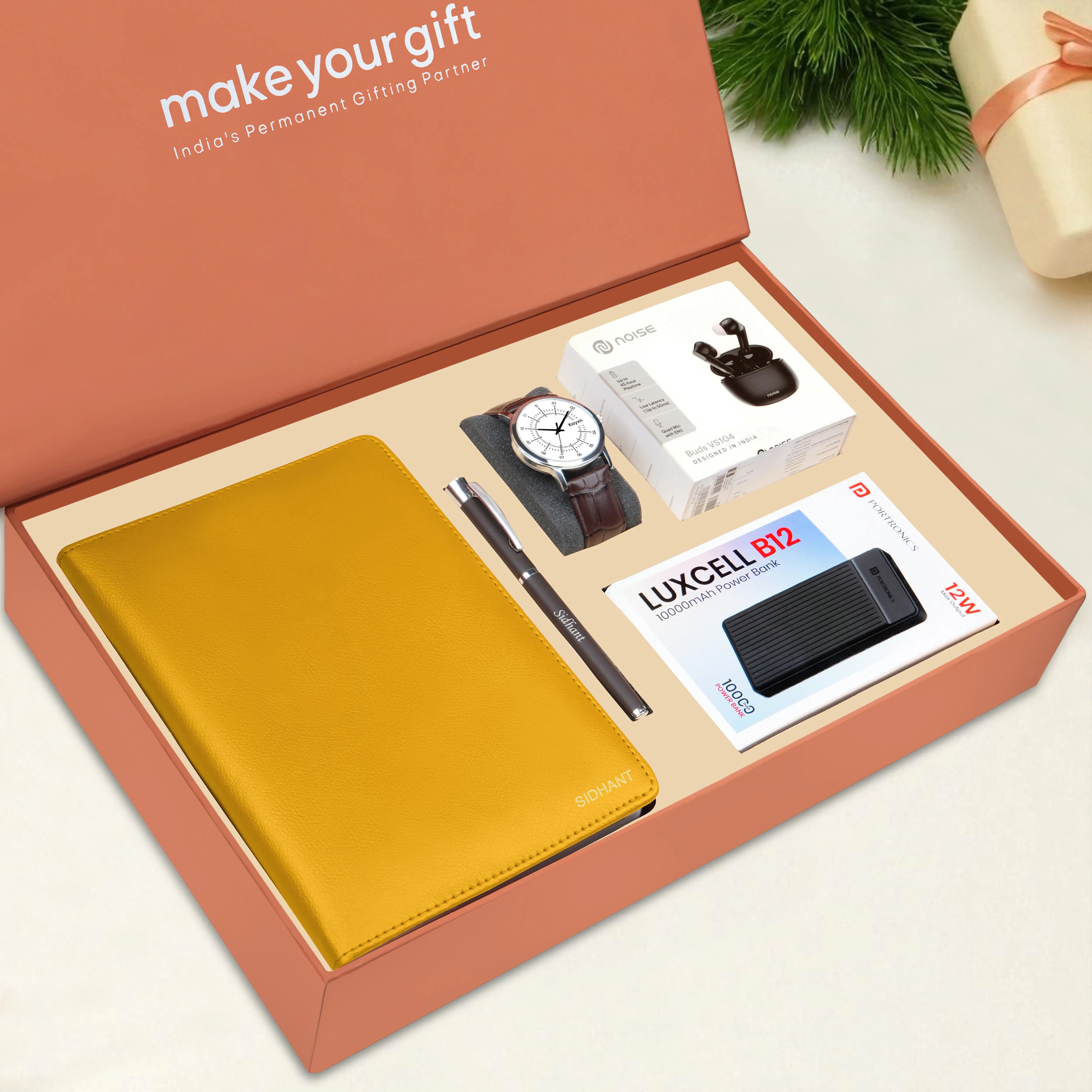 Personalized Diary Pen Power Bank Earbuds & Watch Gift Hamper