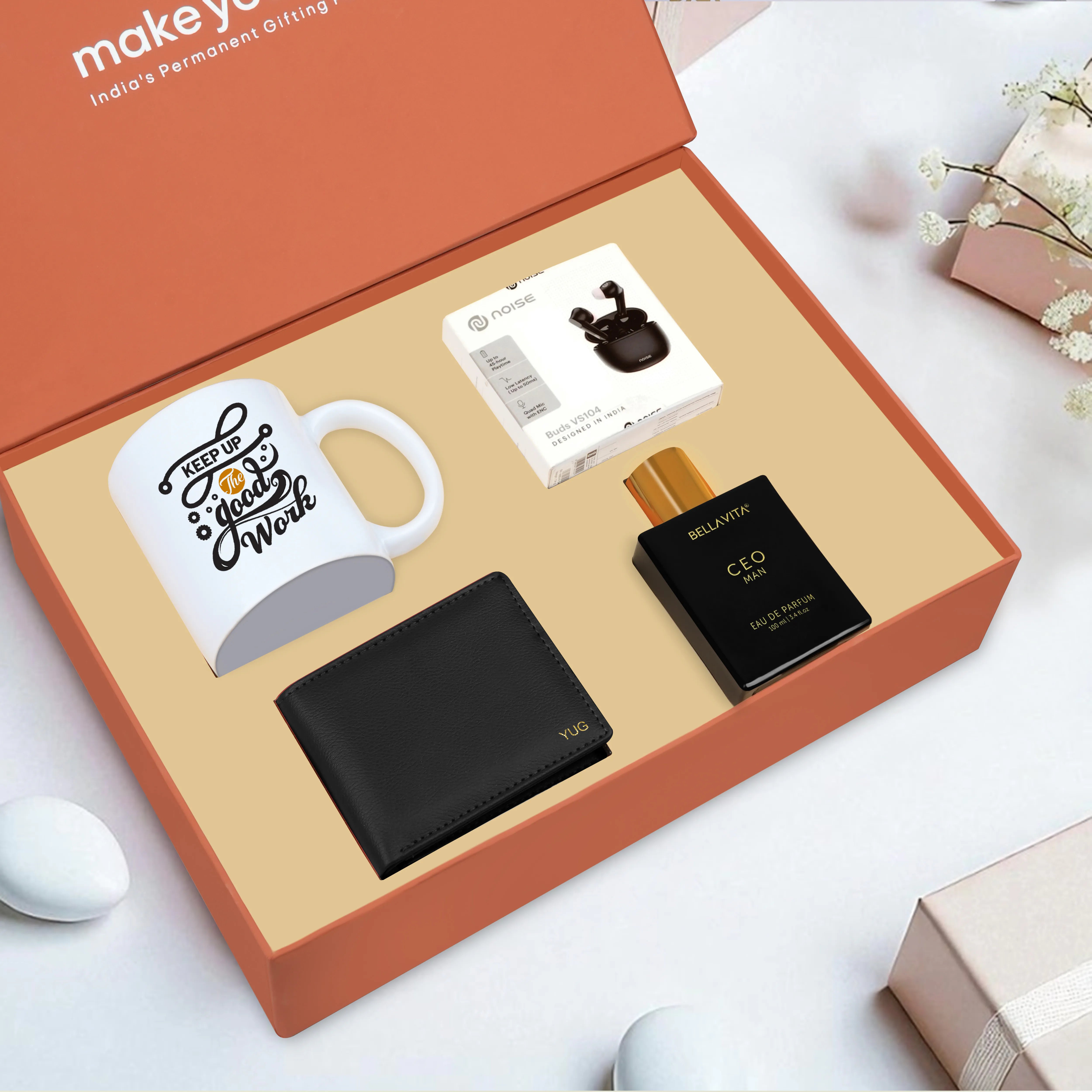 Personalized Wallet Perfume Earbuds & Mug Gift Hamper