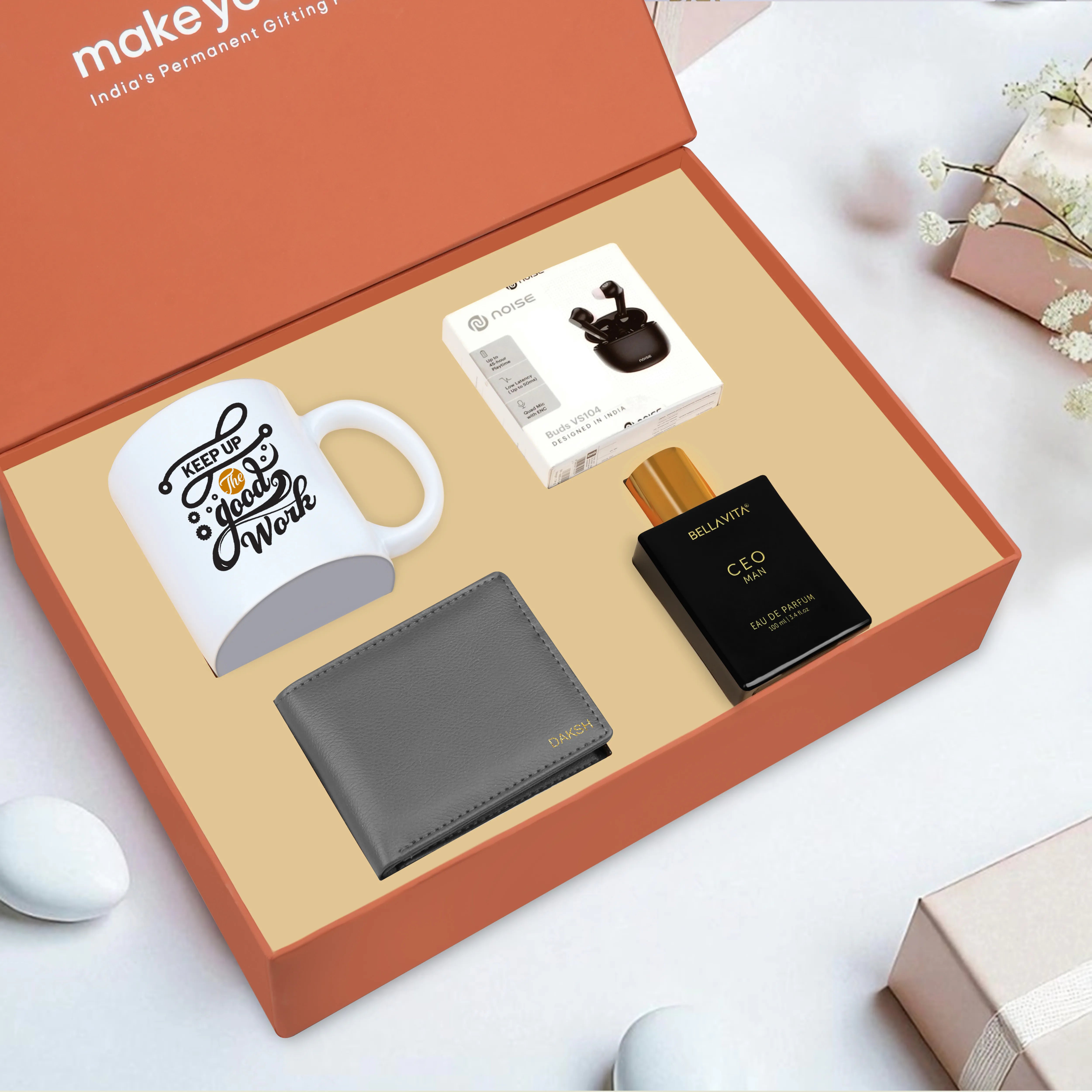 Personalized Wallet Perfume Earbuds & Mug Gift Hamper