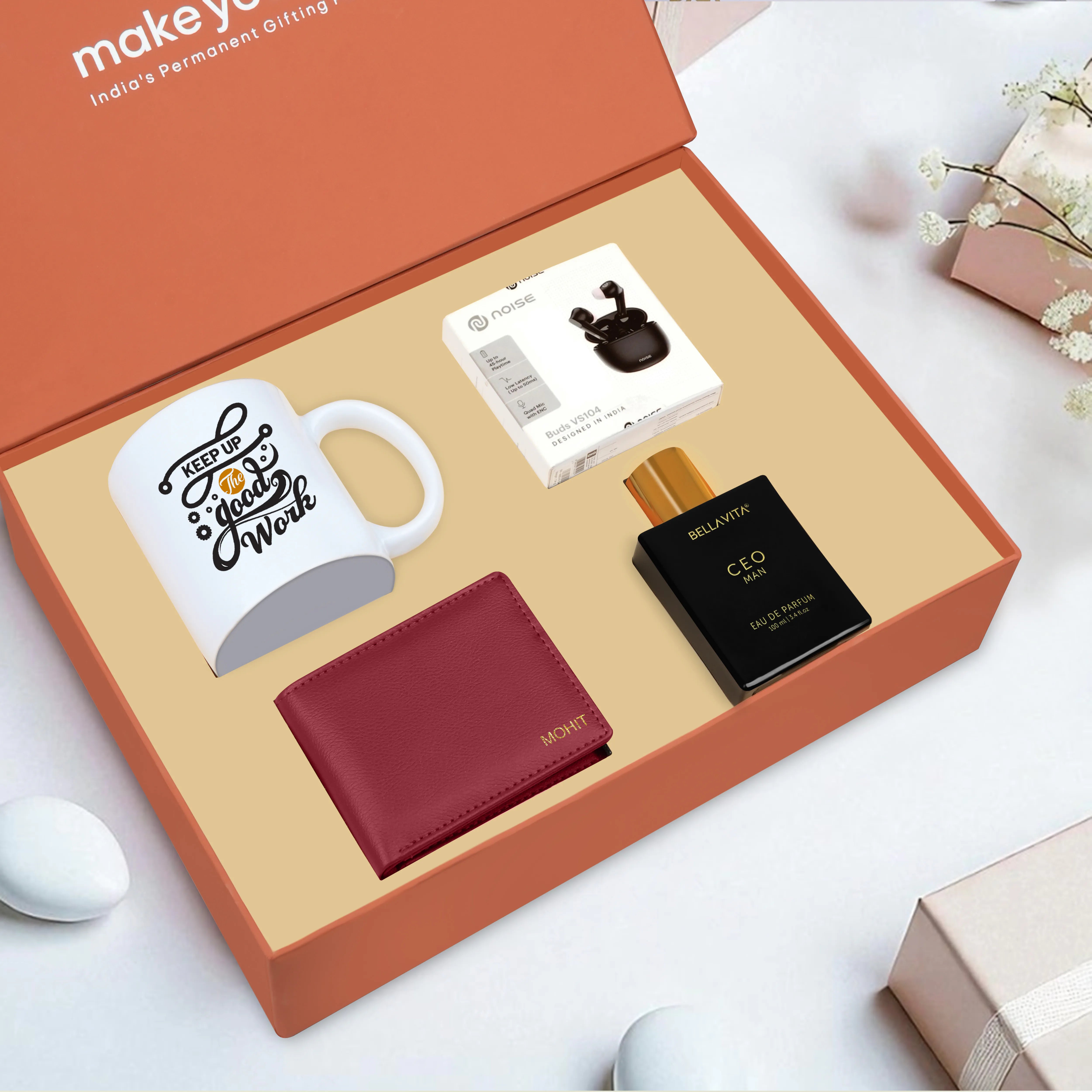 Personalized Wallet Perfume Earbuds & Mug Gift Hamper