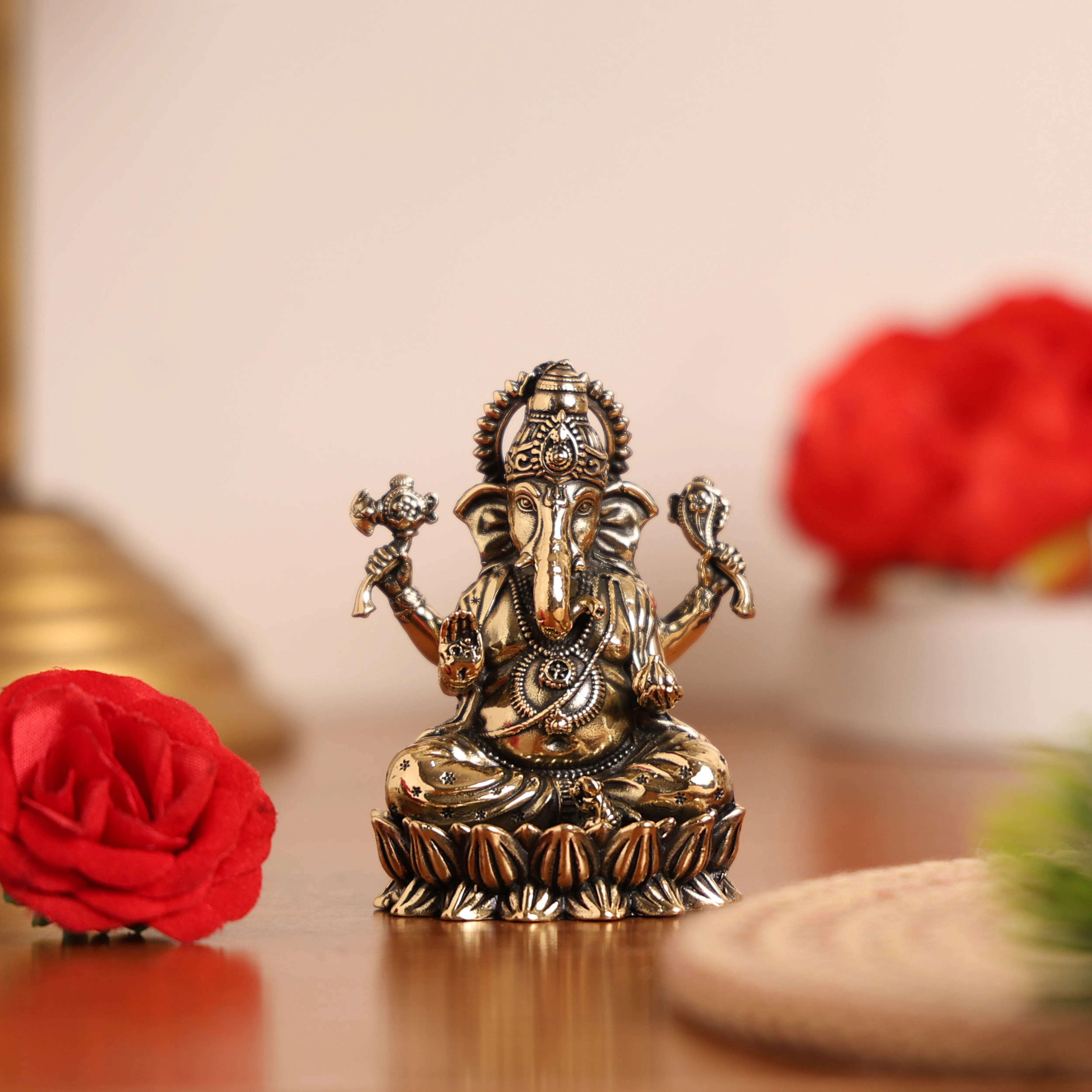 Lord Ganesha Sitting On Lotus Brass Murti