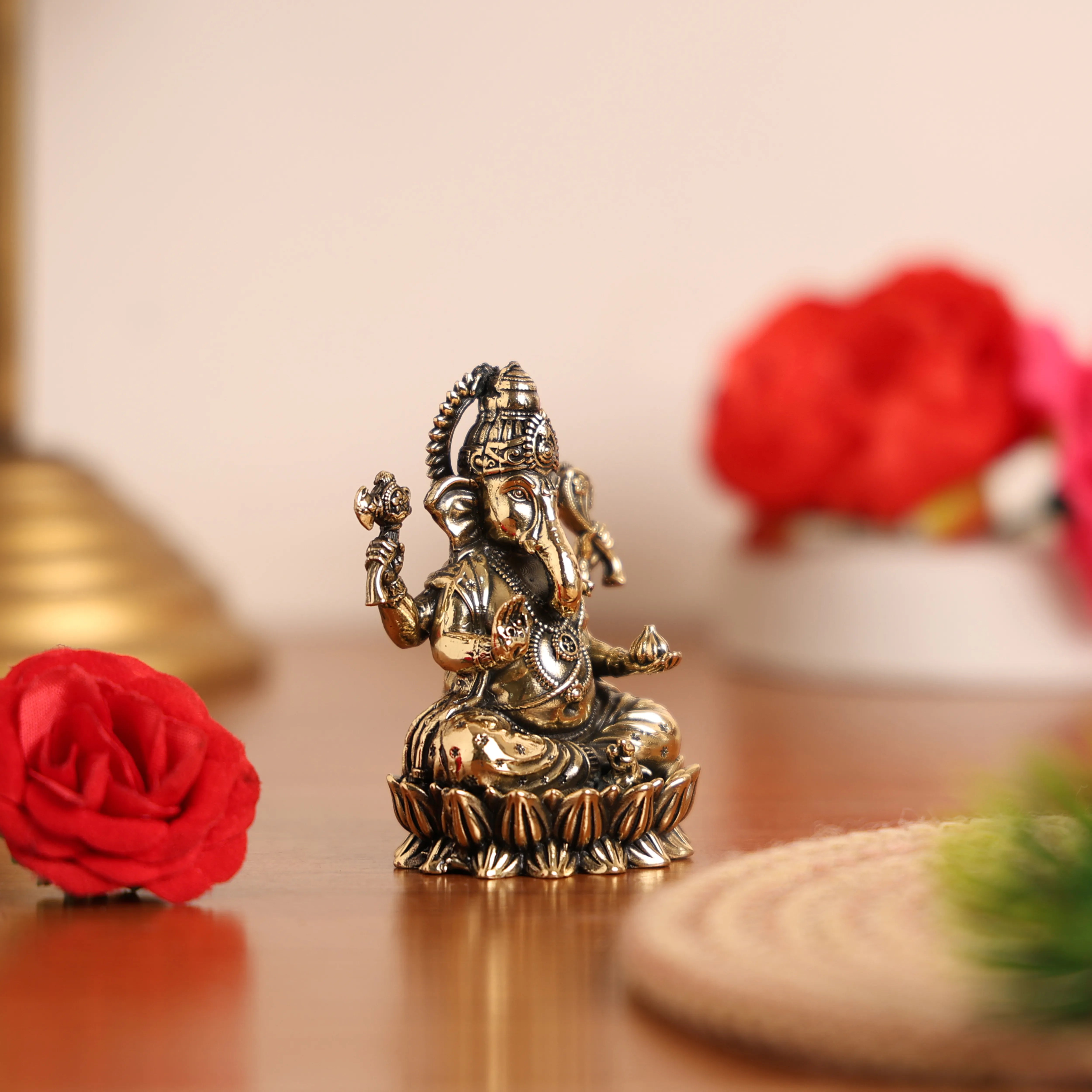 Lord Ganesha Sitting On Lotus Brass Murti