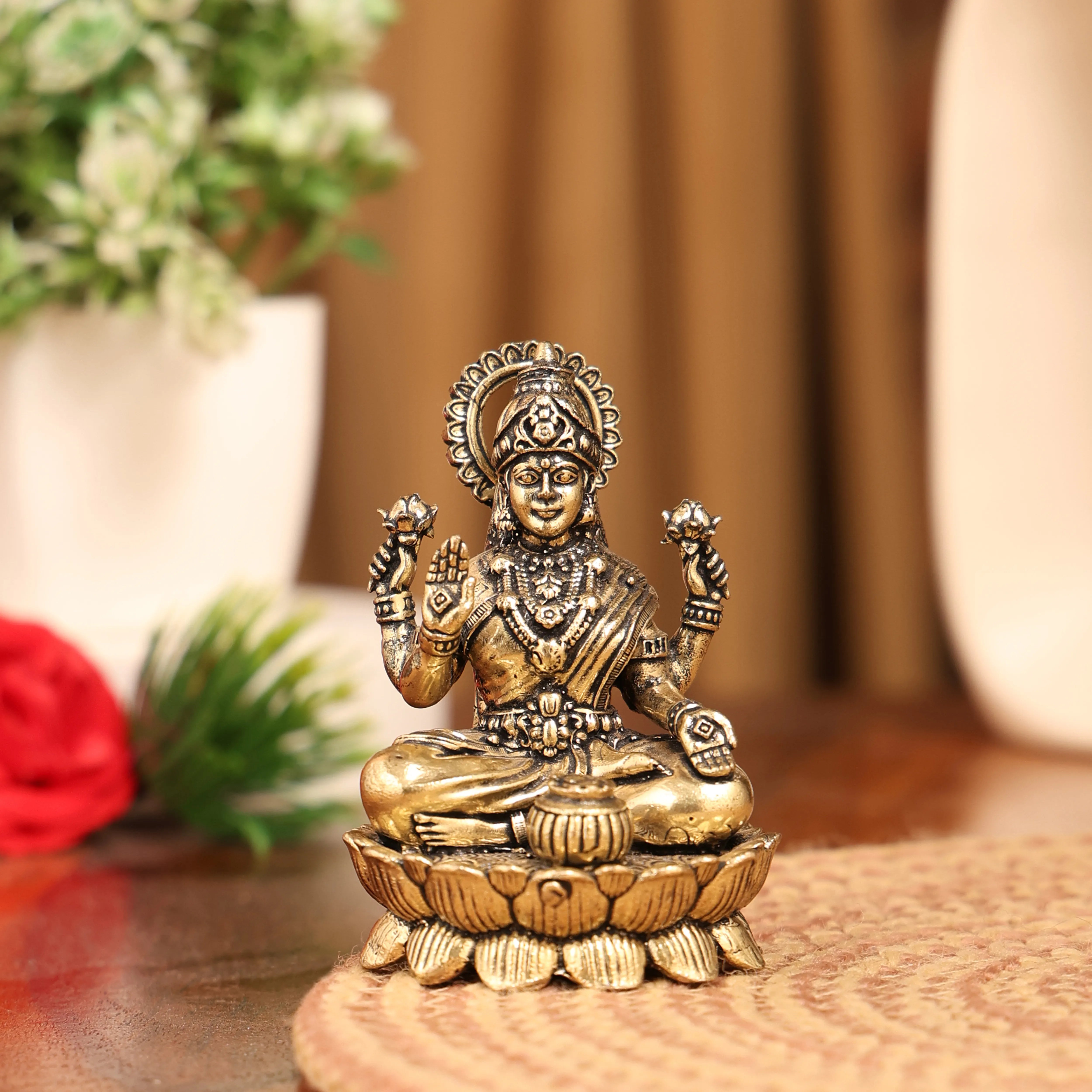 Goddess Lakshmi Sitting On Lotus Brass Murti