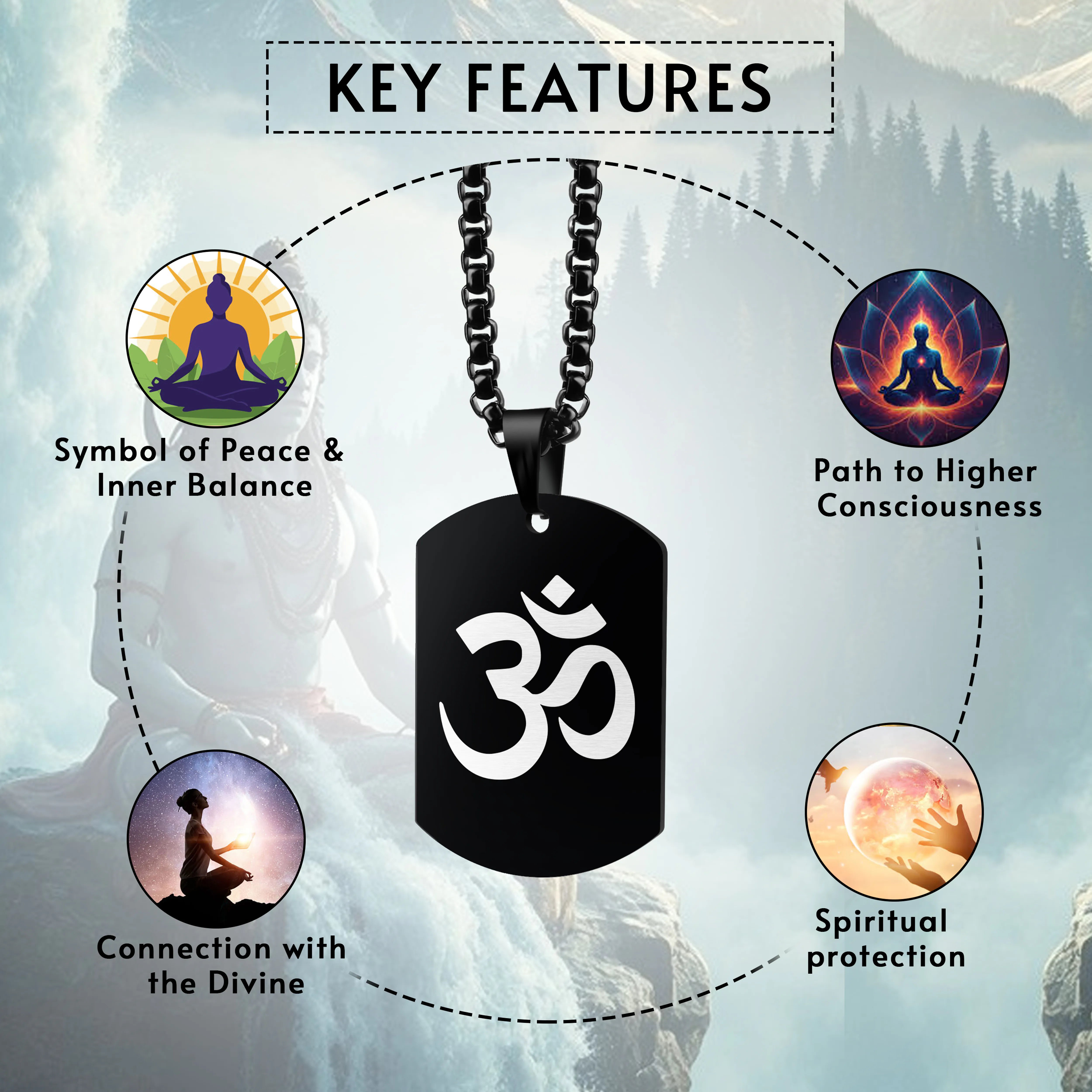 Om Black Stainless Steel Pendant & Chain Set