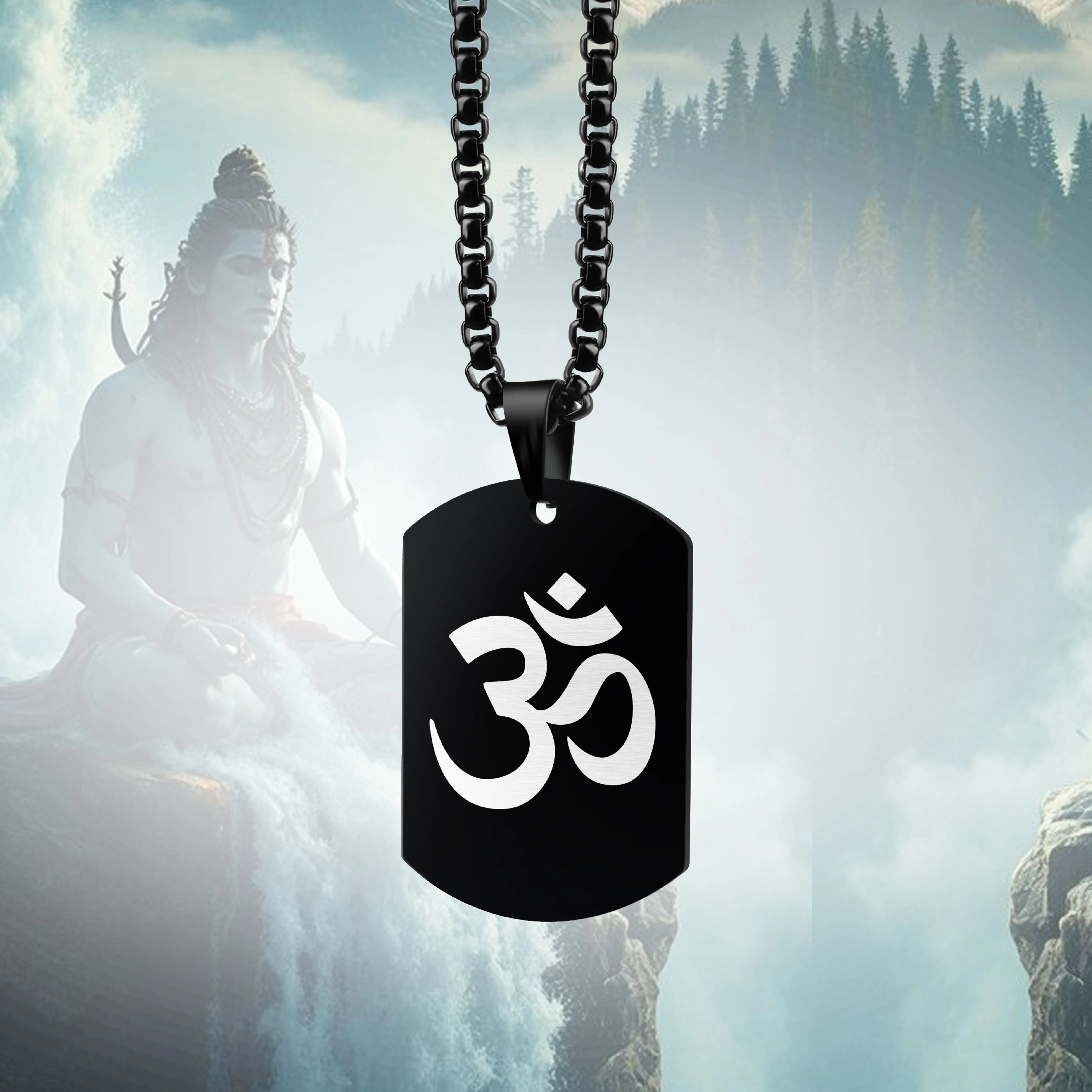Om Black Stainless Steel Pendant & Chain Set