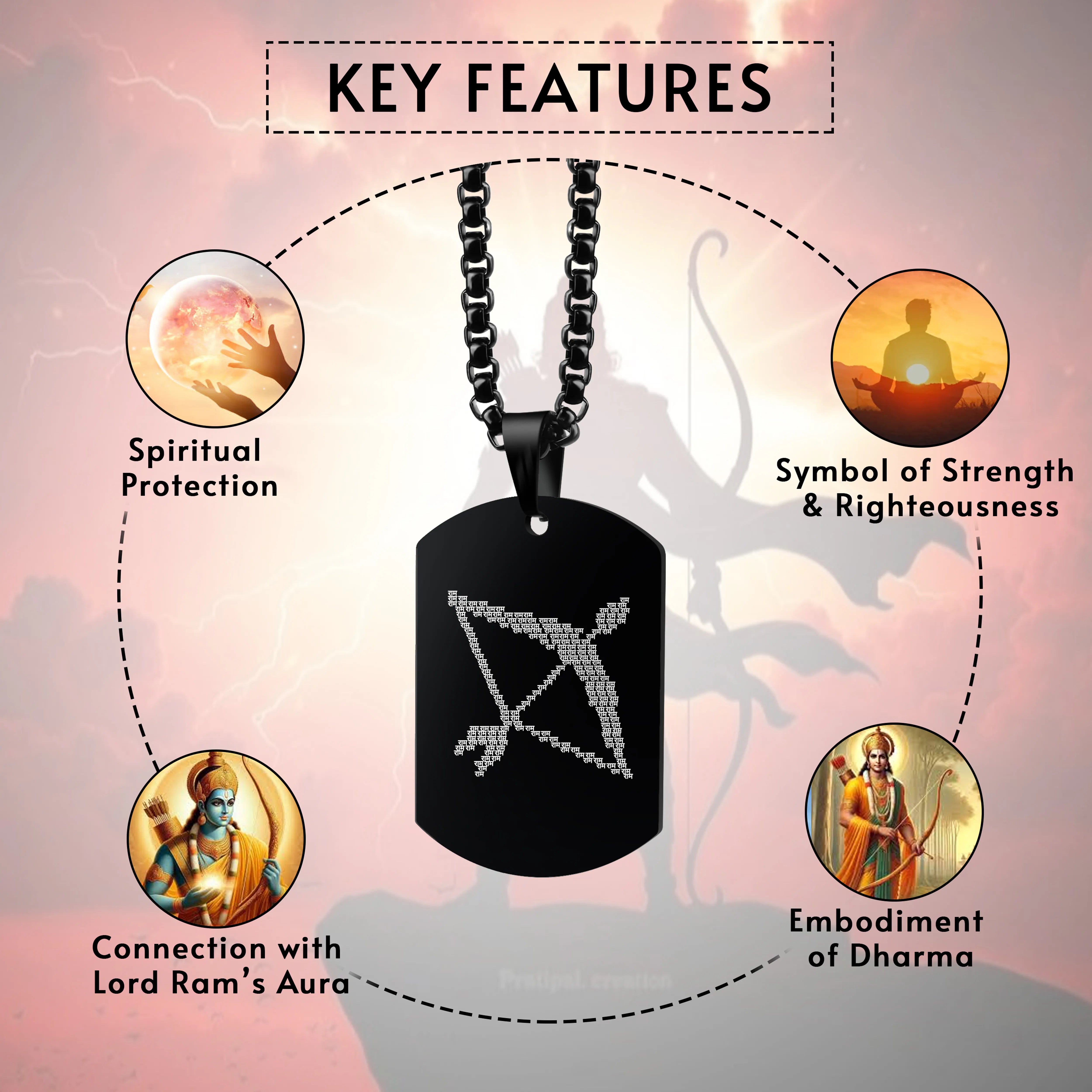 Sri Ram Dhanush Black Stainless Steel Pendant & Chain Set