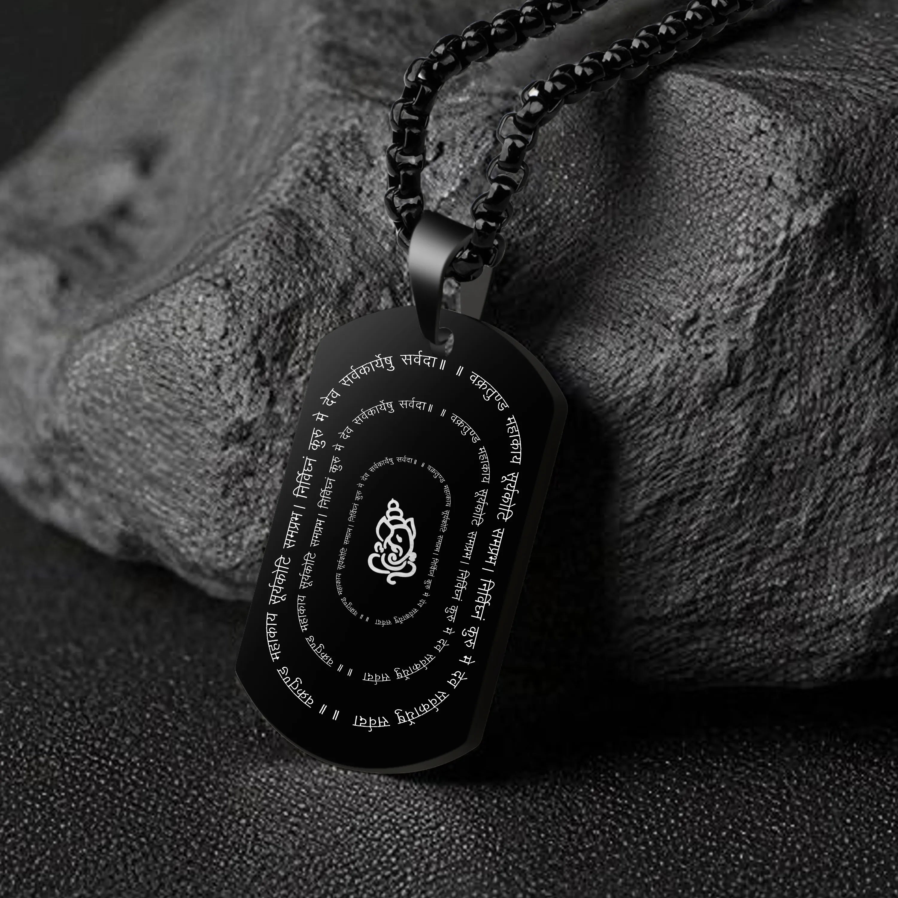 Vakratunda Mahakaya Black Stainless Steel Pendant & Chain Set