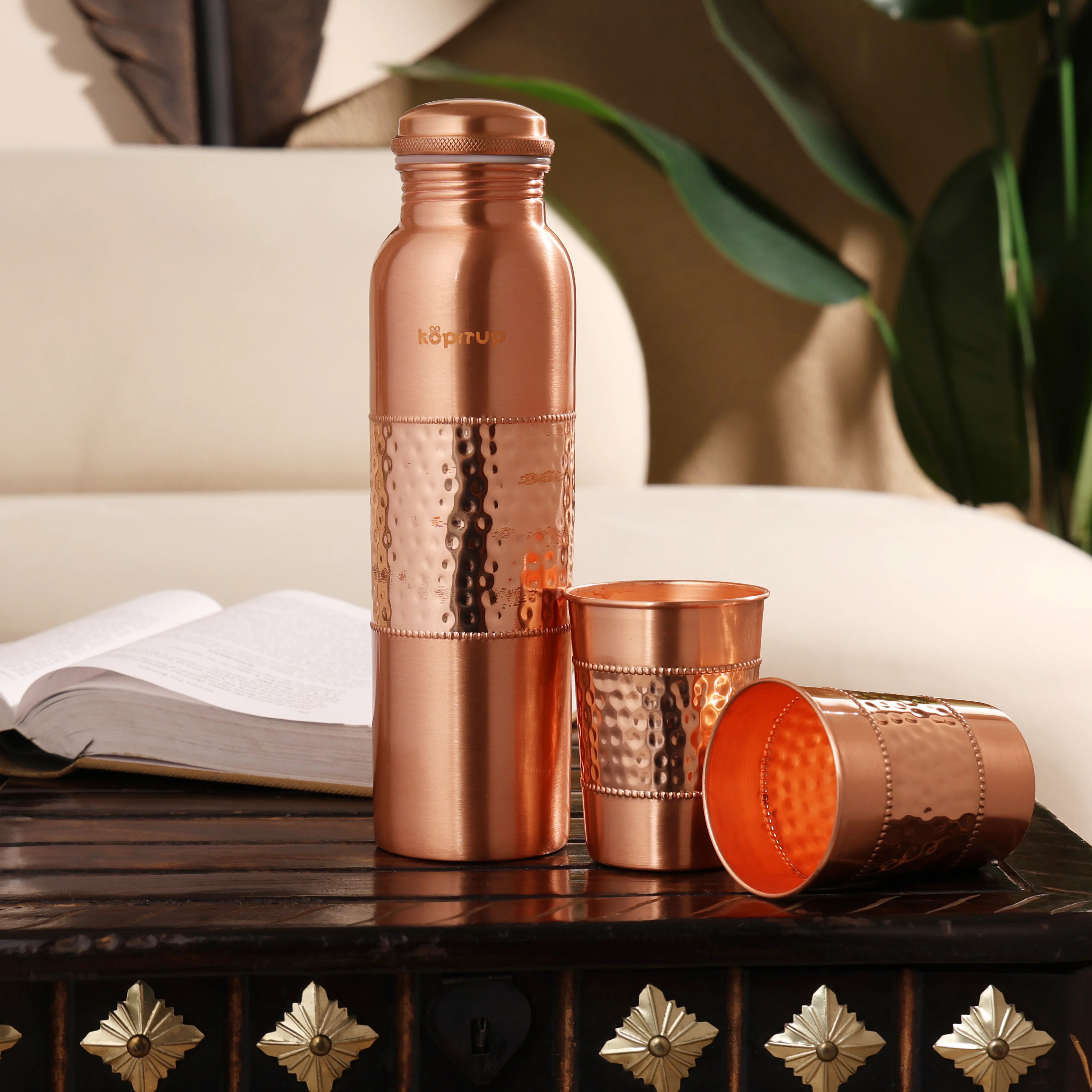 Ayura Hammered Copper Bottle & Glass Set