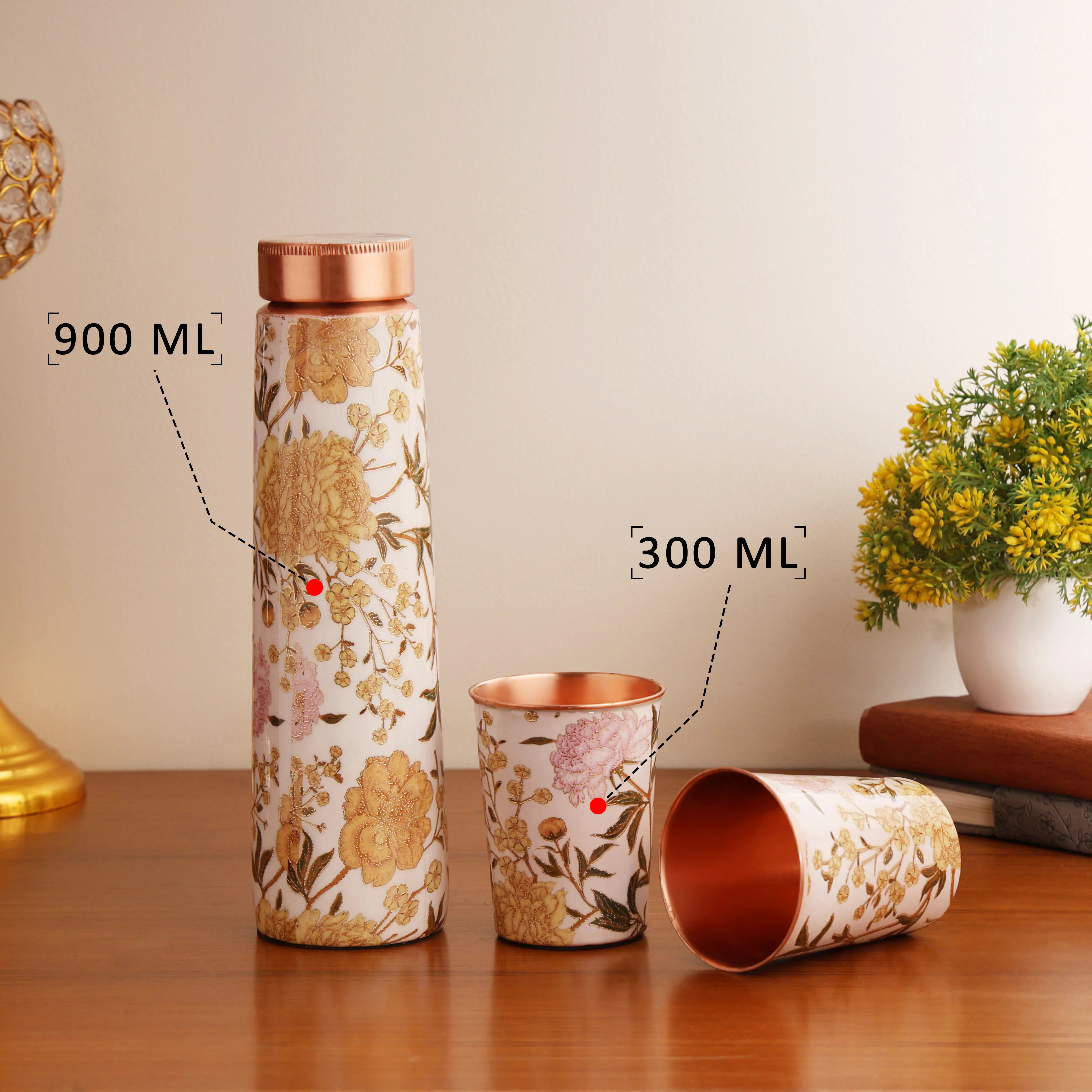 Blossom Aura White Floral Copper Bottle & Glass Set