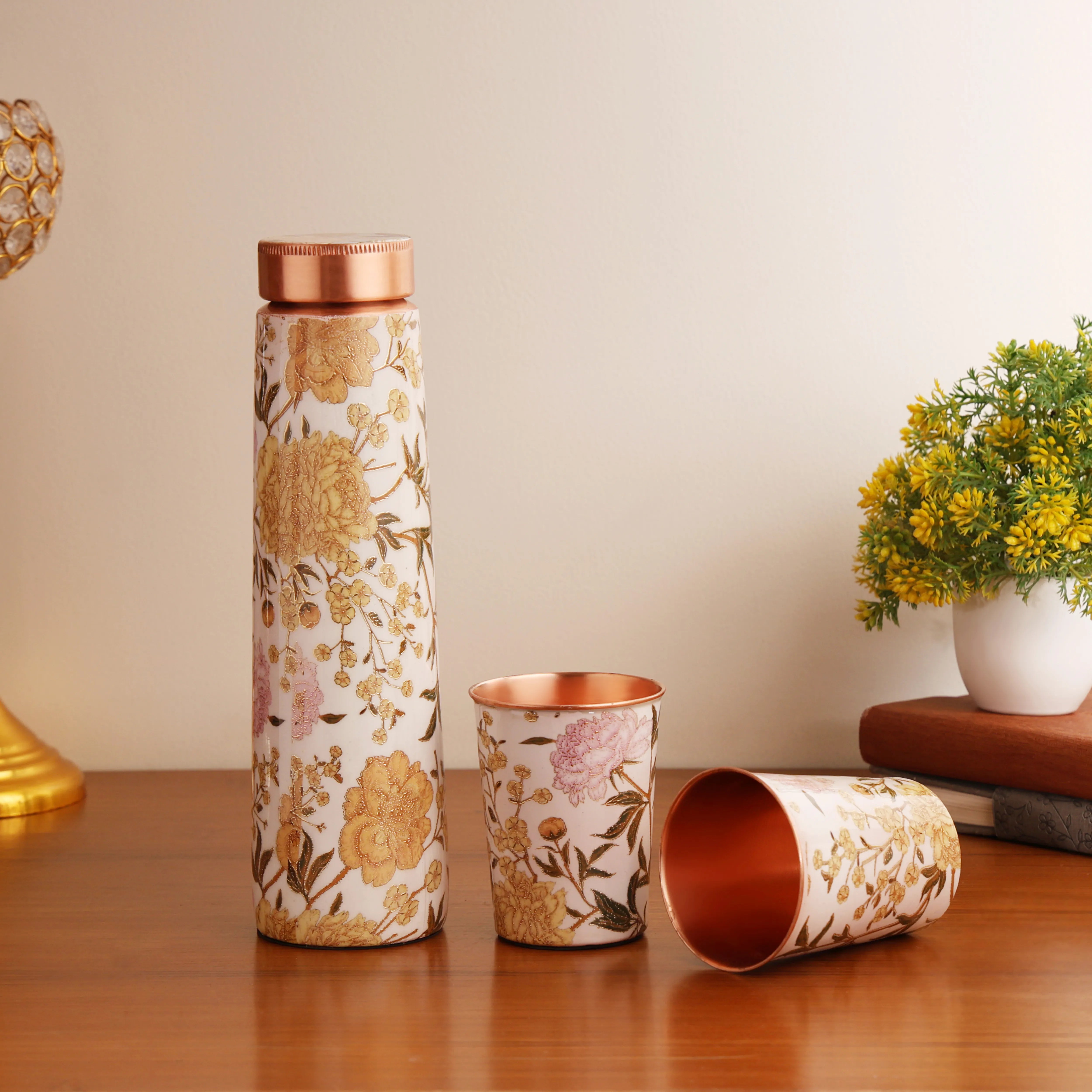 Blossom Aura White Floral Copper Bottle & Glass Set