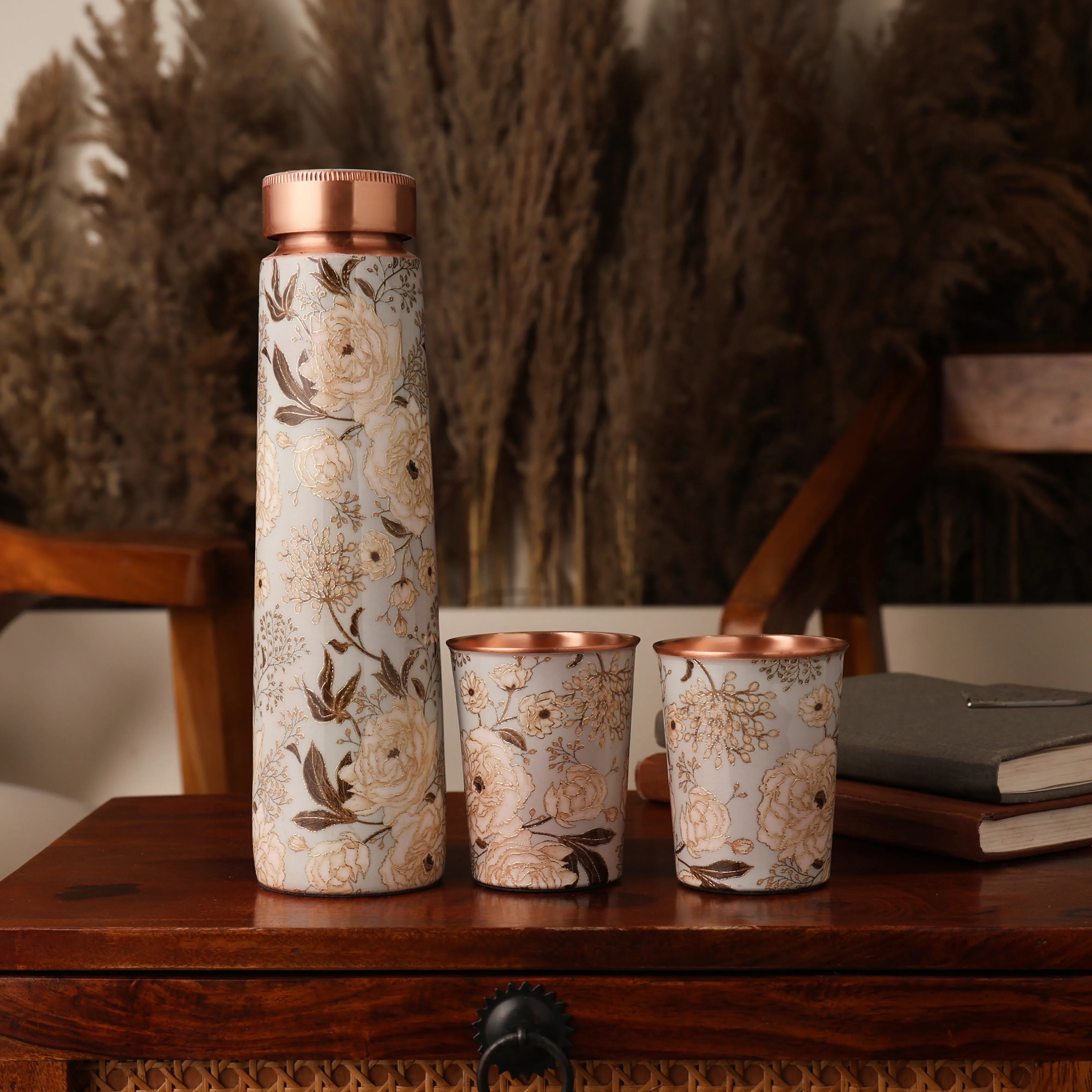 Rustic Bloom Beige Floral Copper Bottle & Glass Set