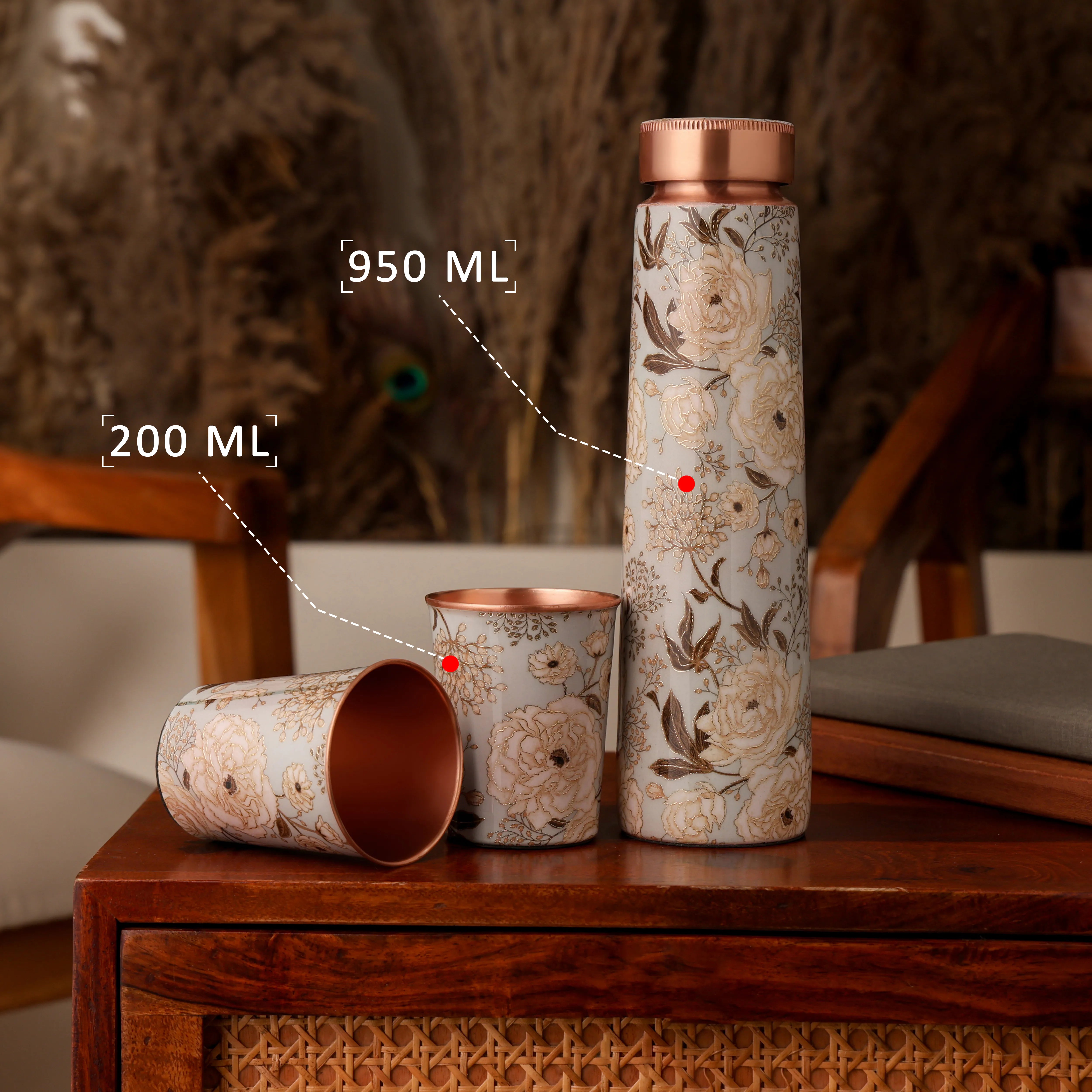Rustic Bloom Beige Floral Copper Bottle & Glass Set