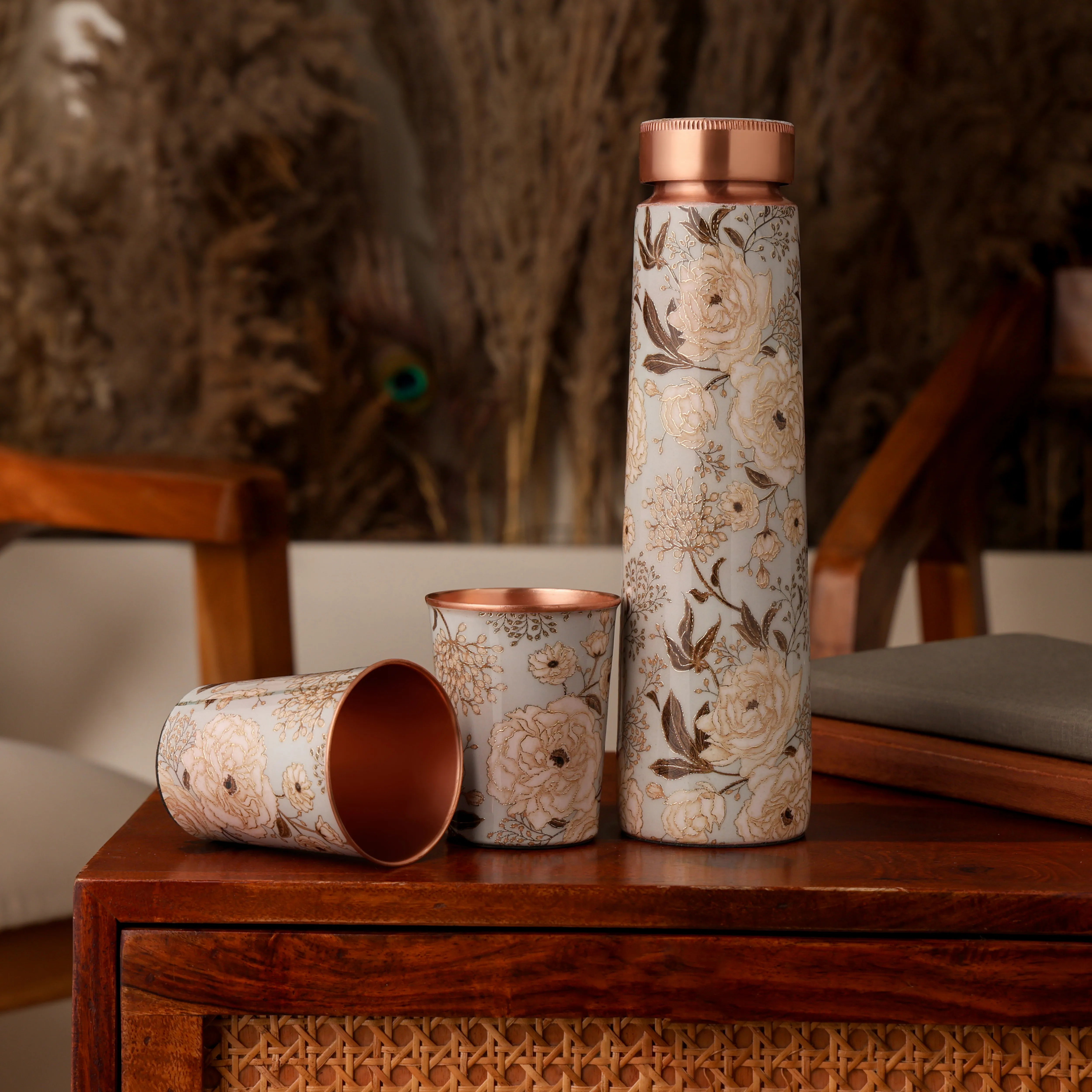 Rustic Bloom Beige Floral Copper Bottle & Glass Set