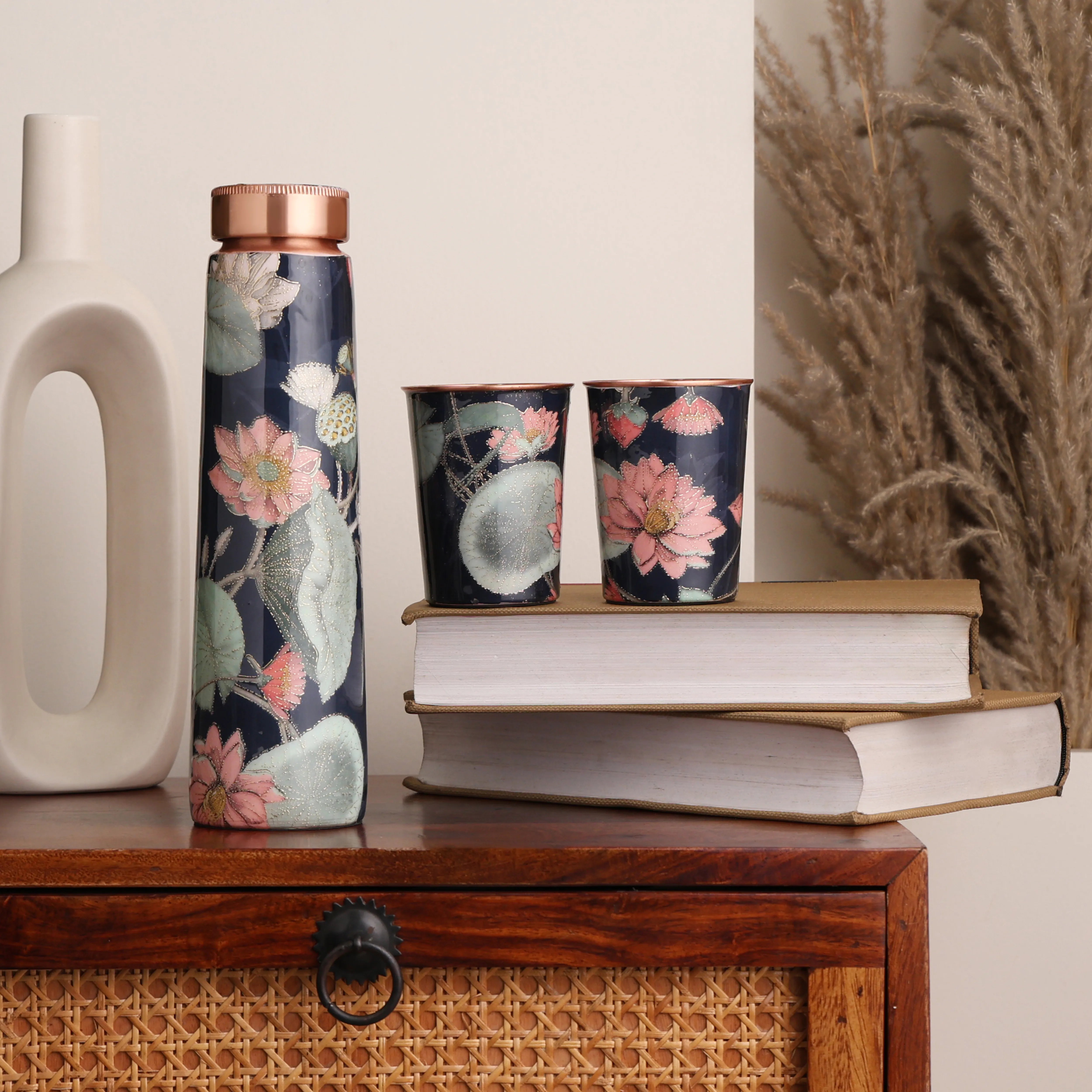 Lotus Blue Floral Copper Bottle & Glass Set