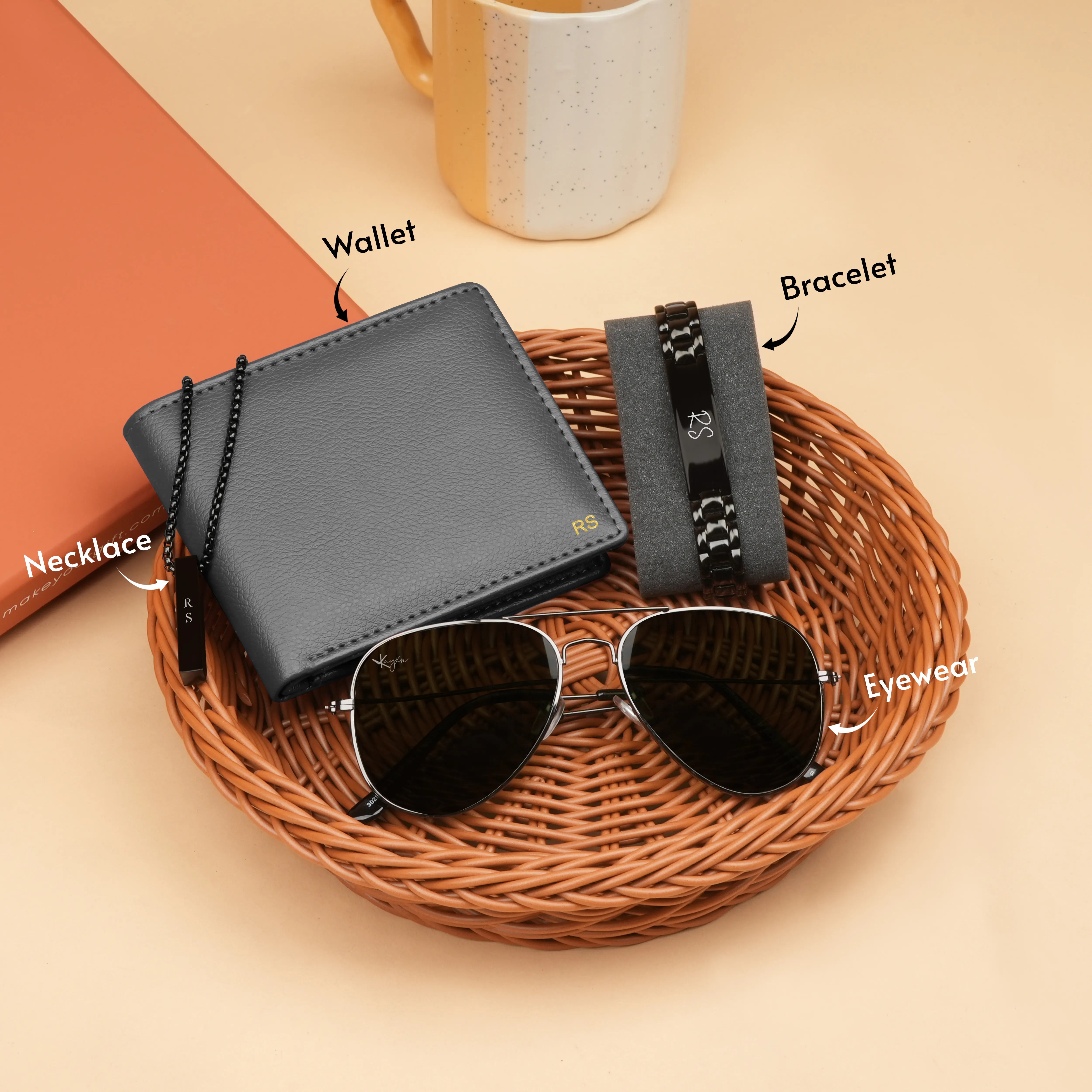 Personalized Wallet, Bracelet, Necklace & Sunglasses Gift Set