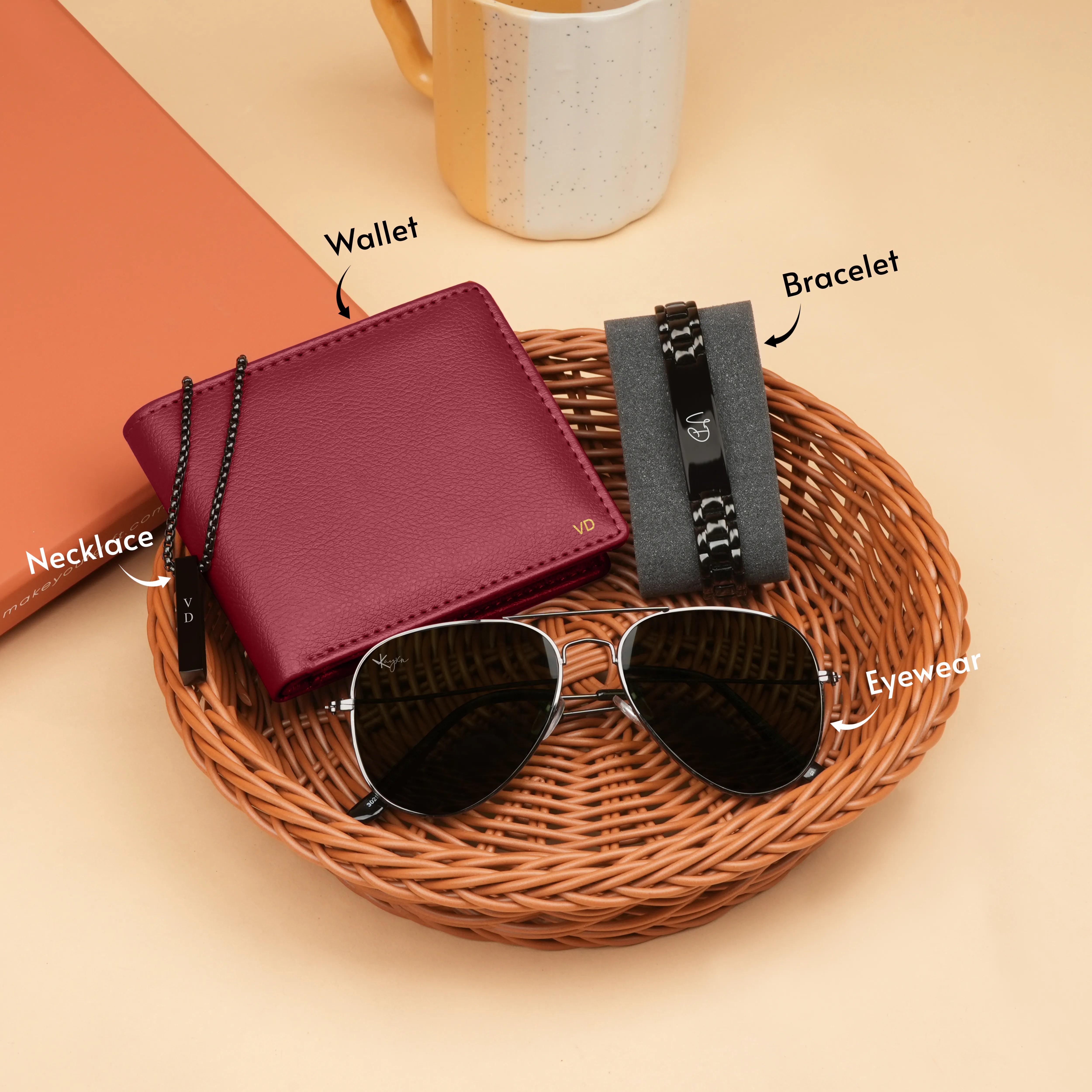Personalized Wallet, Bracelet, Necklace & Sunglasses Gift Set