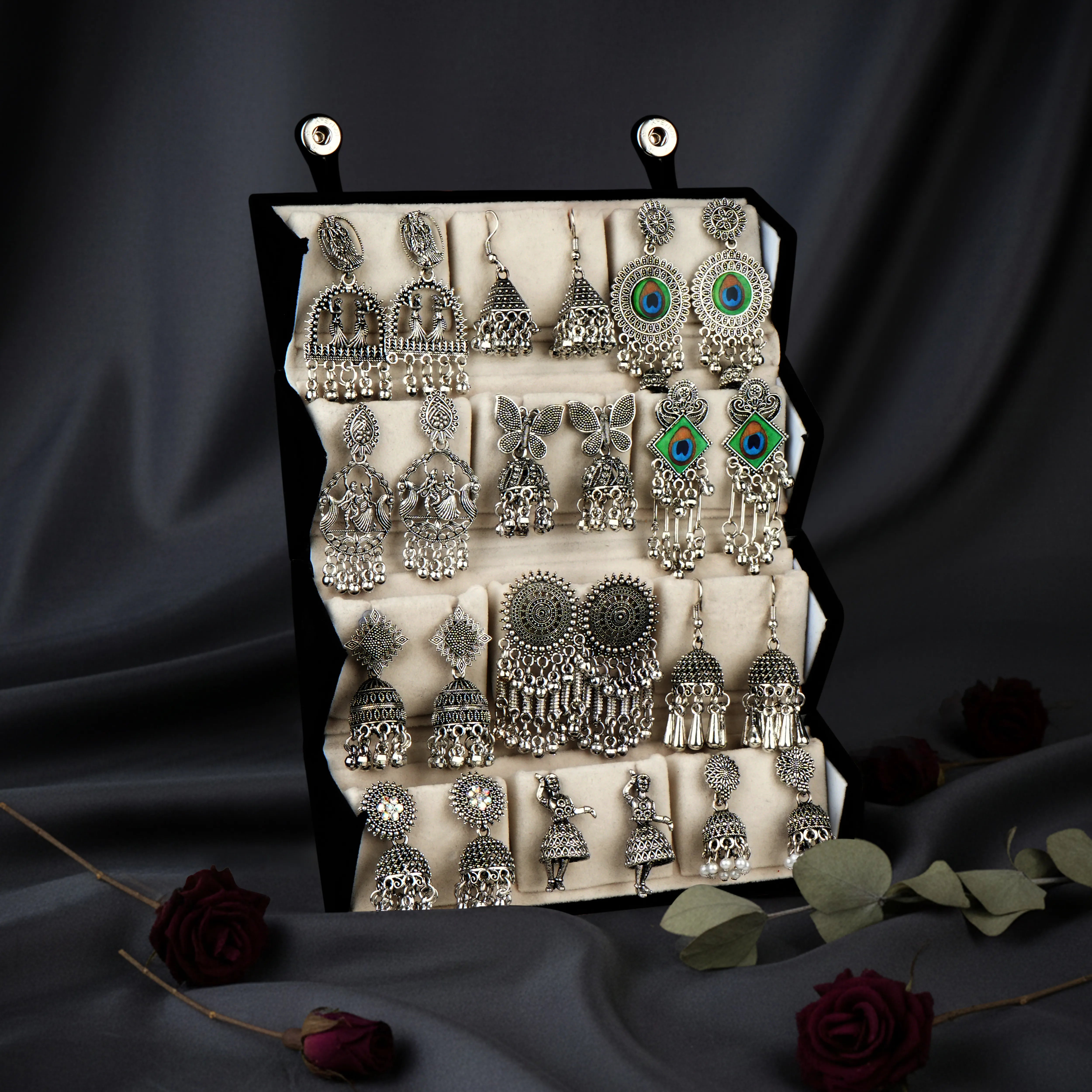 Anokhi Adaa Set Of 12 Oxidized Designer Jhumka Earrings With Jewelry Box