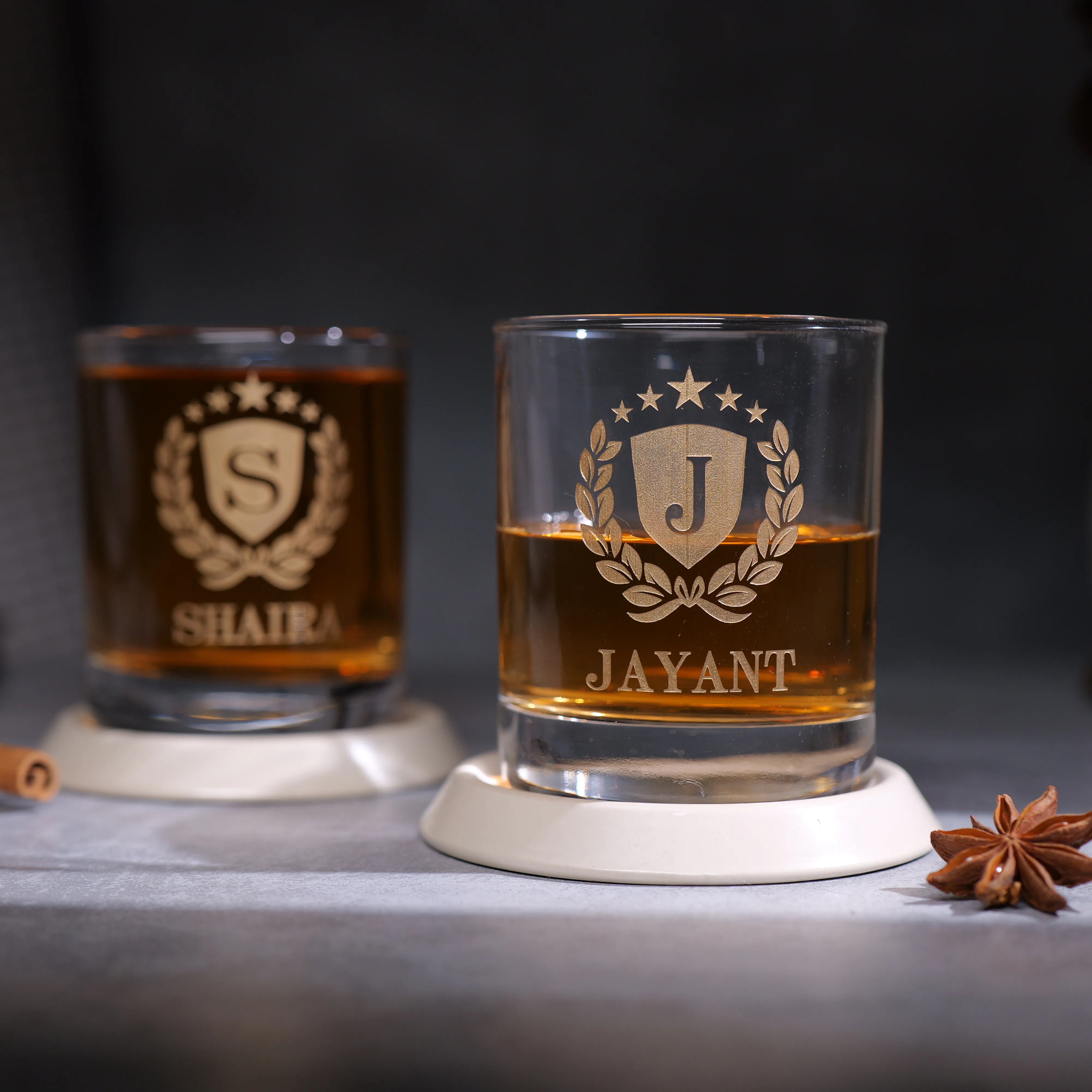 Personalized Couple Whiskey Glasses With Golden Name Etching - Set Of 2