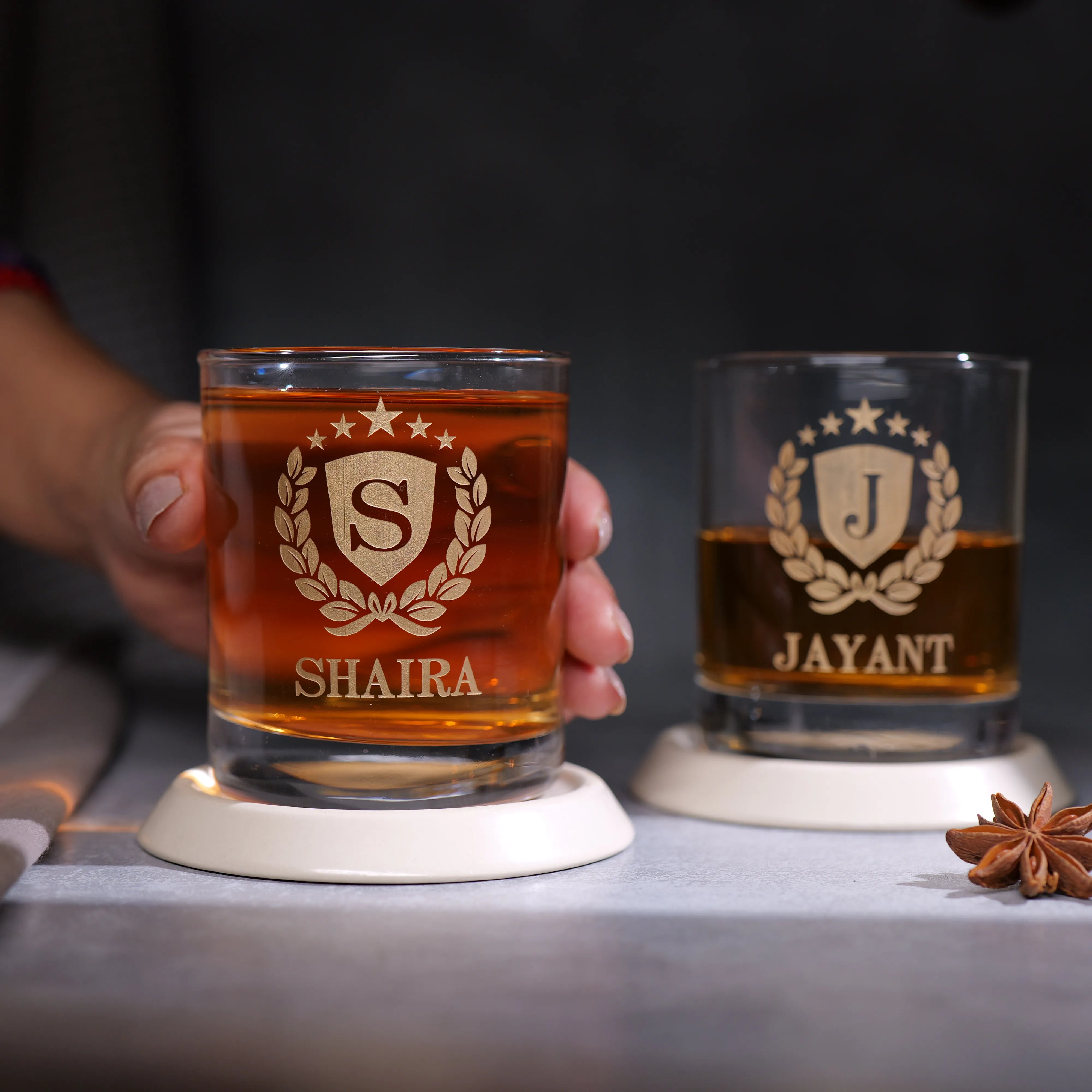 Personalized Couple Whiskey Glasses With Golden Name Etching - Set Of 2