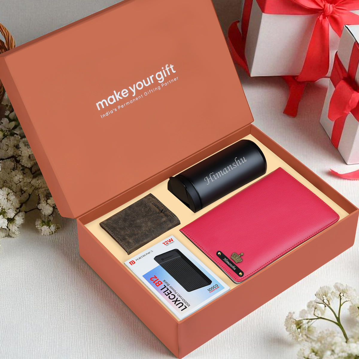Personalized Diary Tumbler Cardholder And Power Bank Gift Hamper For Him