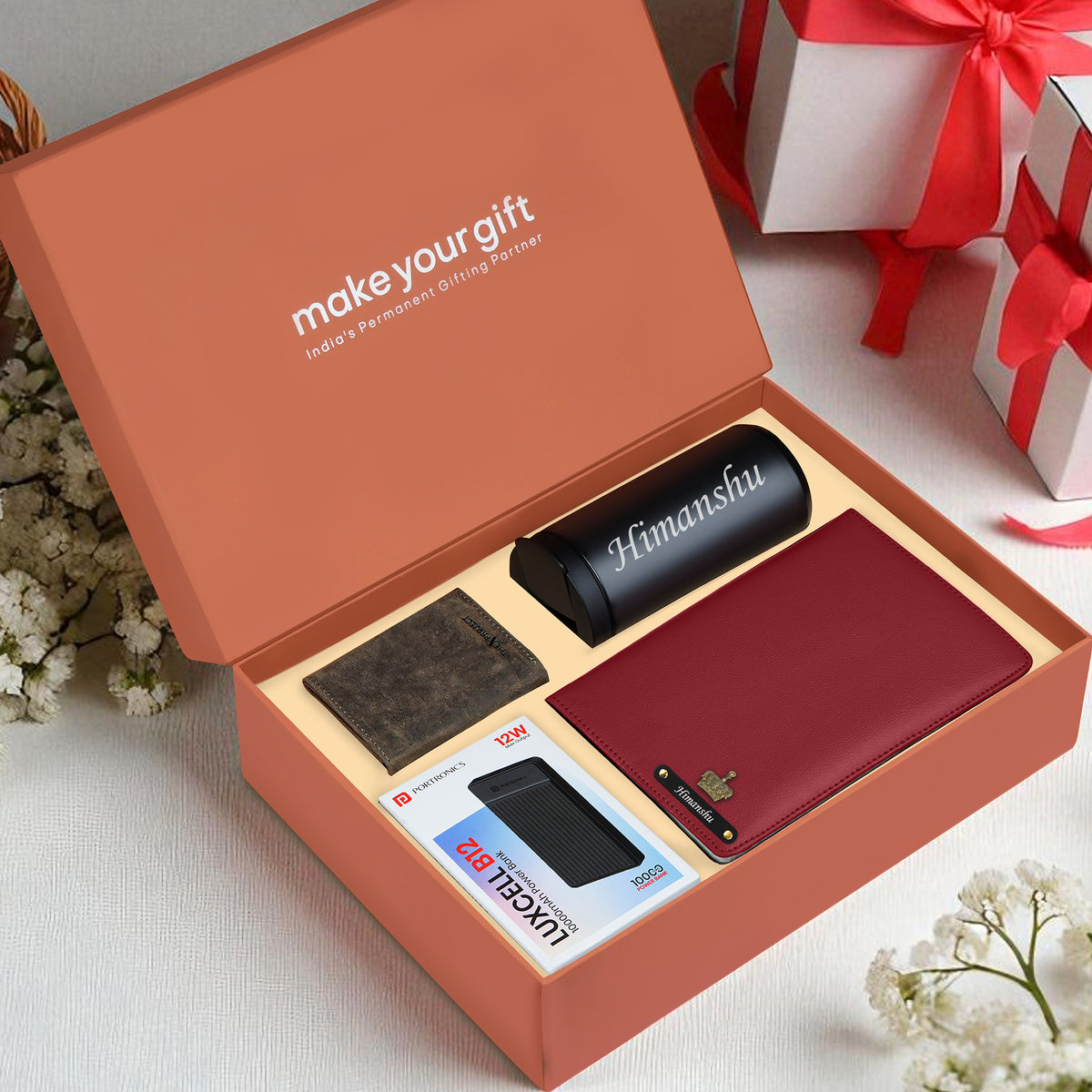 Personalized Diary Tumbler Cardholder And Power Bank Gift Hamper For Him