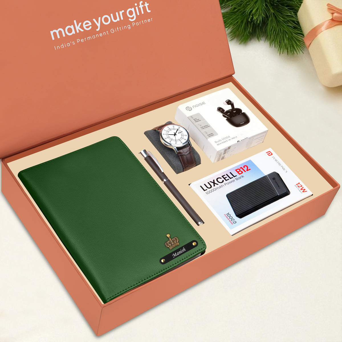 Personalized Diary Pen Power Bank Earbuds & Watch Gift Hamper