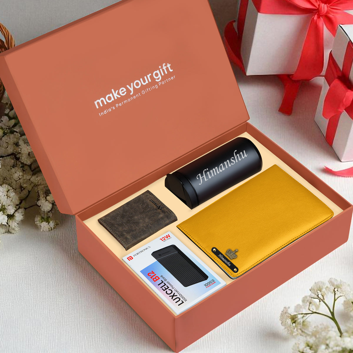 Personalized Diary Tumbler Cardholder And Power Bank Gift Hamper For Him